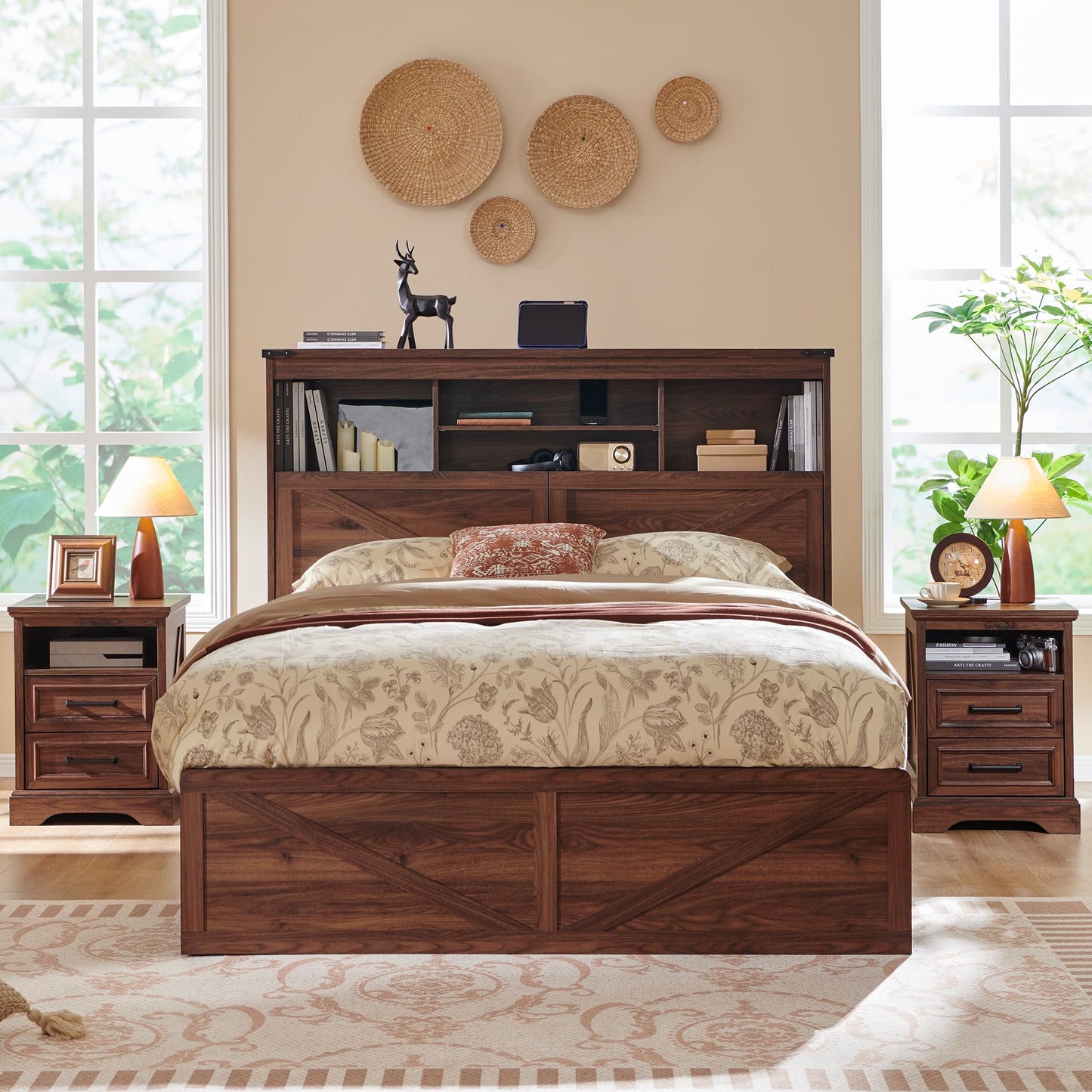 ACCOHOHO Farmhouse Queen Size Bed Frame with 52" Tall Storage Headboard and LED Light,Wood Platform Bed Frame with 4 Drawers and Charging Station,Solid Wood Slats Support,No Box Spring Needed,Brown