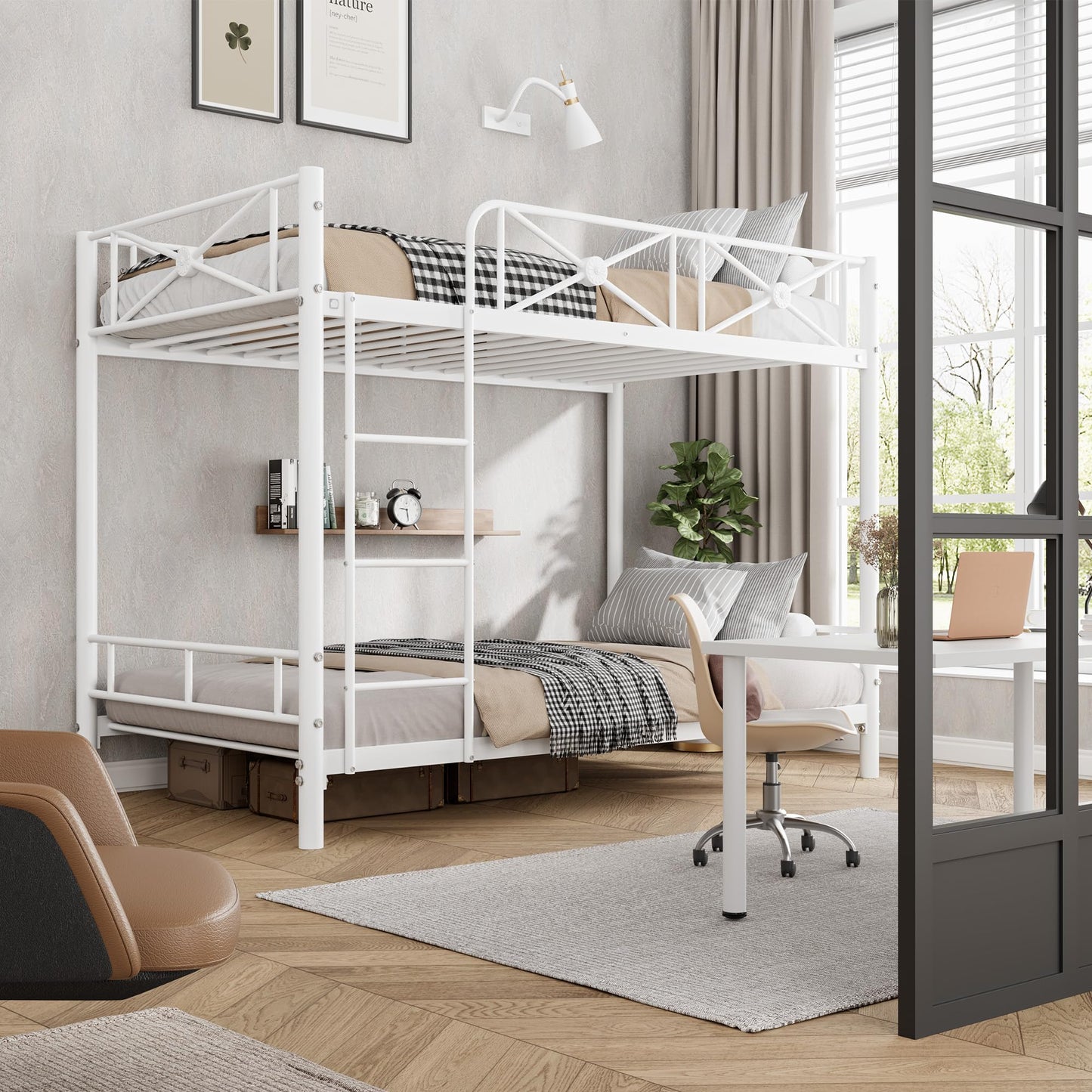 IDEALHOUSE Metal Bunk Bed Twin Over Twin, Modern Heavy Duty Bunkbeds with Safety Guard Rails & Space-Saving Design, Steel Twin Bunk Beds for School, Bedroom, White