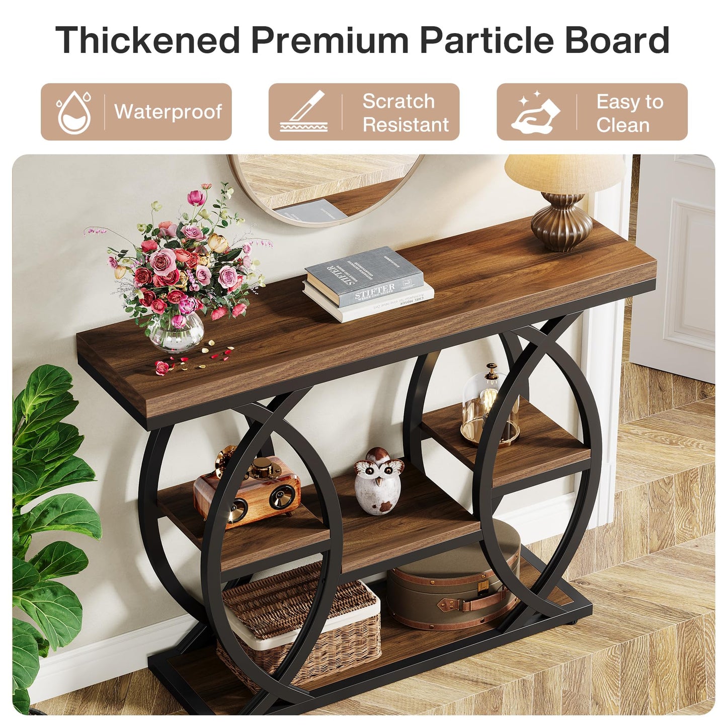 Tribesigns 39.4" Console Table, Industrial 4-Tier Sofa Table Entryway Table with Storage Shelves, Narrow Wood Accent Tables with Metal Frame for Small Spaces, Hallway, Foyer, Rustic Brown