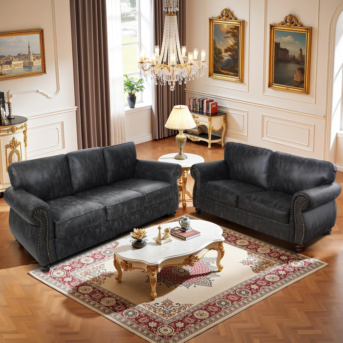 Couchus Living Room Furniture Sets,Sofa Sets and Couch Sets for Living Room,Mid-Century Vintage Sofa Couches with Rivet Design (Grey, Loveseat+3 Seater)