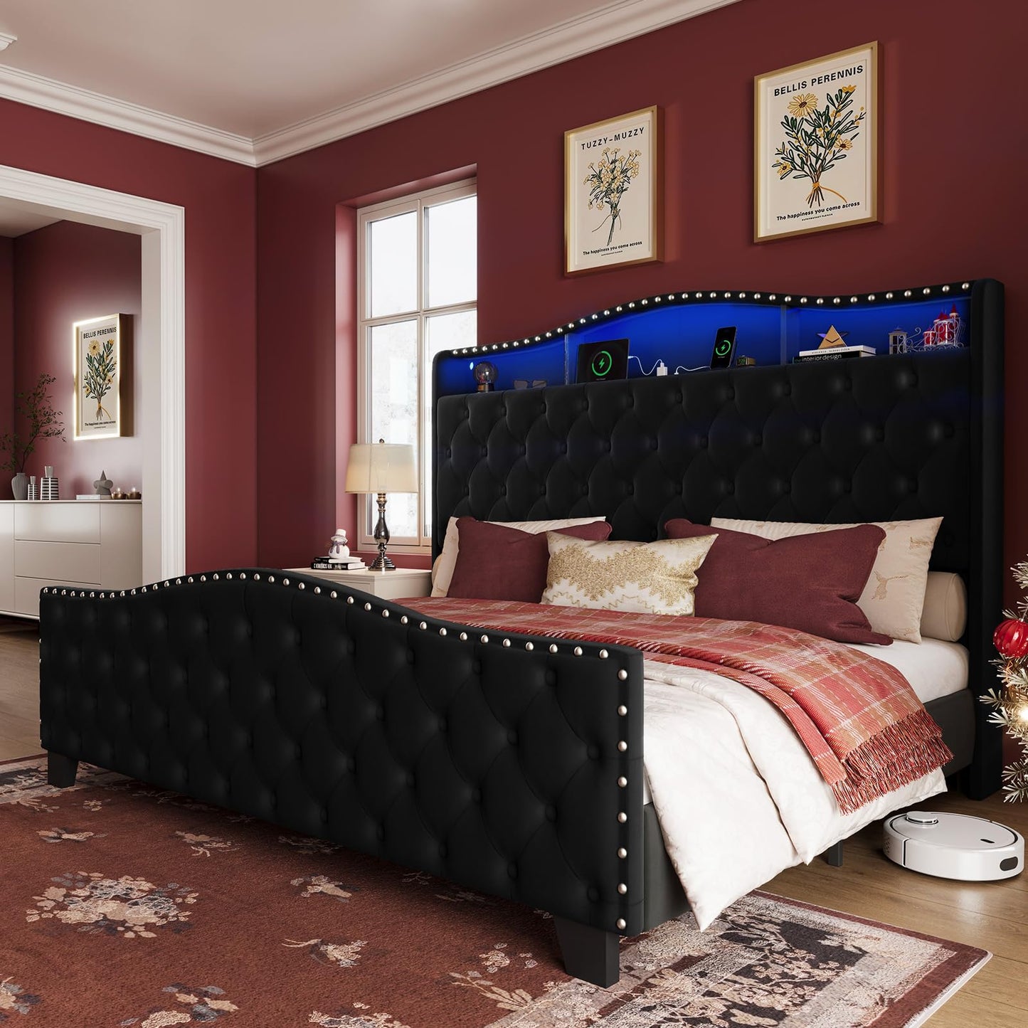 Belffin King Size Bed Frame and Headboard, 50.9" Velvet Upholstered Wingback Bedframe with LED Lights & Storage/Charging Station, Button Tufted Tall Footboard, No Box Spring Needed, Noise-Free, Black