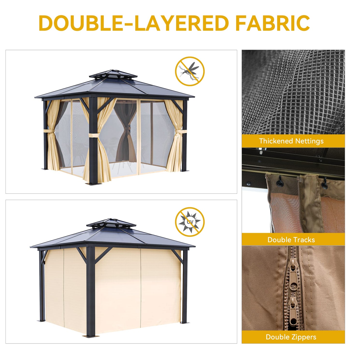 DWVO 10x10ft Hardtop Gazebo Double Roof Polycarbonate Canopy Outdoor with Netting and Shaded Curtains, Aluminum Frame Garden Tent for Patio, Backyard, Deck and Lawns