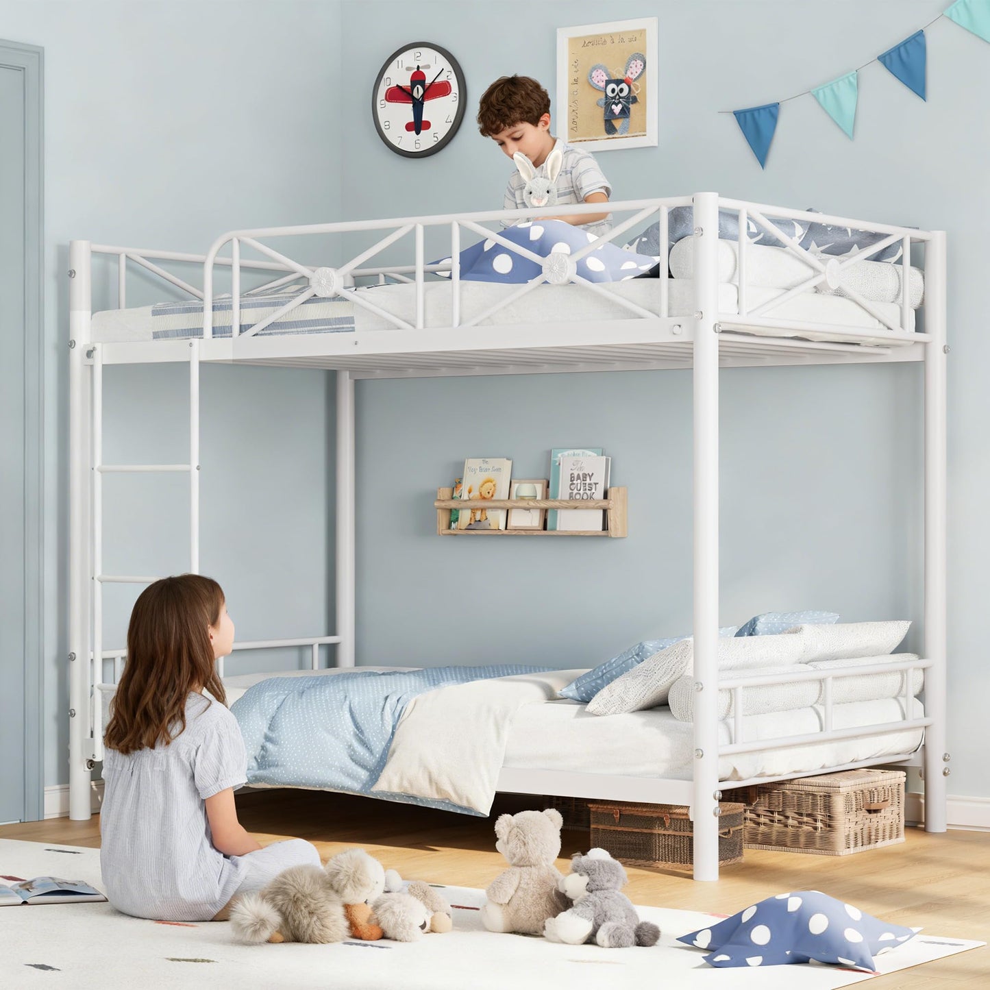 IDEALHOUSE Metal Bunk Bed Twin Over Twin, Modern Heavy Duty Bunkbeds with Safety Guard Rails & Space-Saving Design, Steel Twin Bunk Beds for School, Bedroom, White