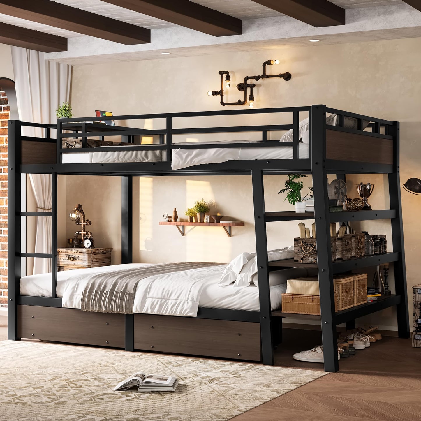 Bellemave Full Size Bunk Bed with Storage Drawers and 3-Tier Shelves, Full Bunk Bed with Charging Station and Lights, Heavy Duty Metal Bunk Beds for Teen, Adults