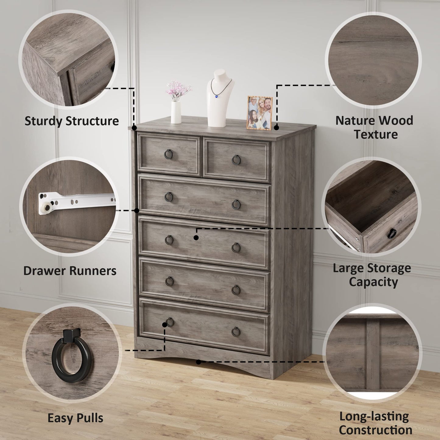 LGHM Modern Dressers for Bedroom with 6 Drawers, 6 Drawer Dresser, 44.33" Tall Chest of Drawers Closet Organizers & Storage Clothes - Easy Pull Handle, Textured Borders for Living Room, Hallway, Gray