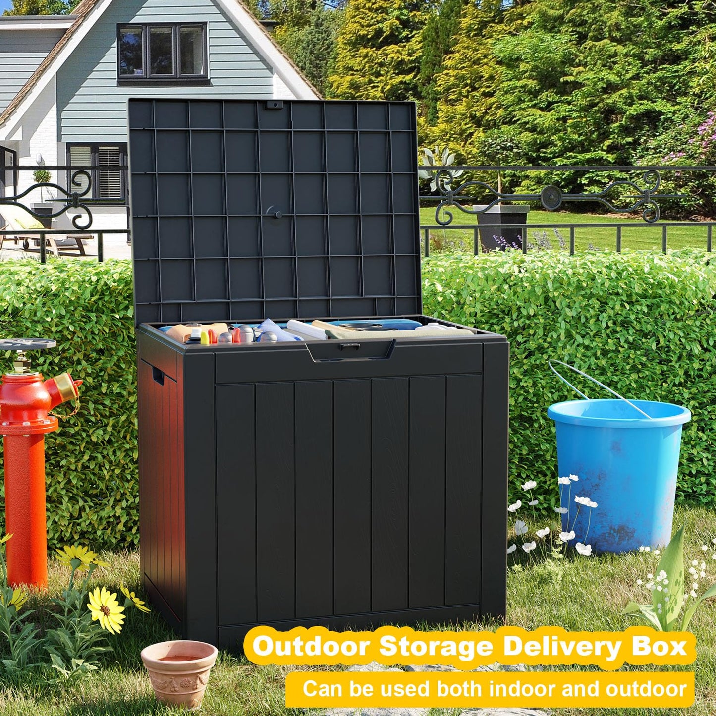 MAIUSCOLI 30 Gallon Outdoor Deck Box,Storage Lockable Waterproof Patio Furniture,Garden Tools,Cushions,Pool Accessories Outside Storage Resin Box(Black)