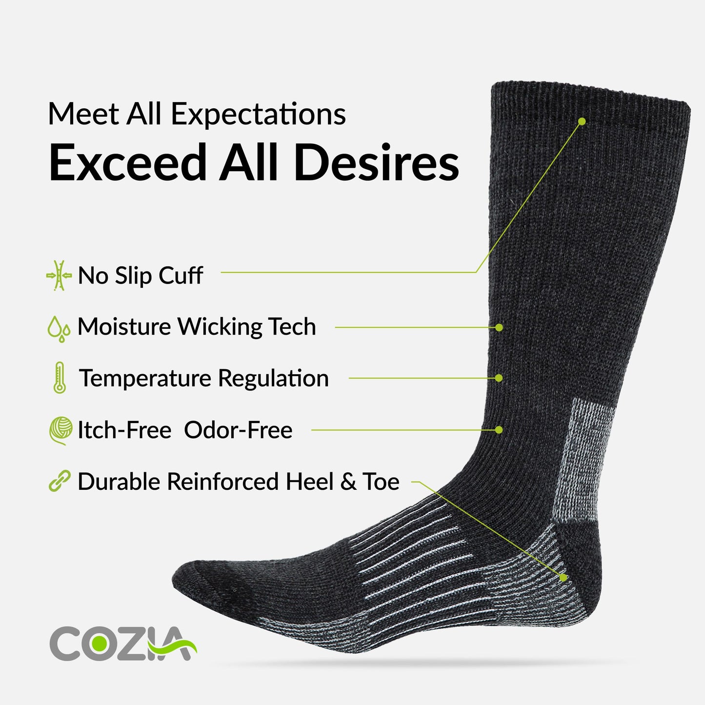 COZIA Merino Wool Socks Casual Warm Socks for Winter Cozy Boot Socks for Men & Women Black ML