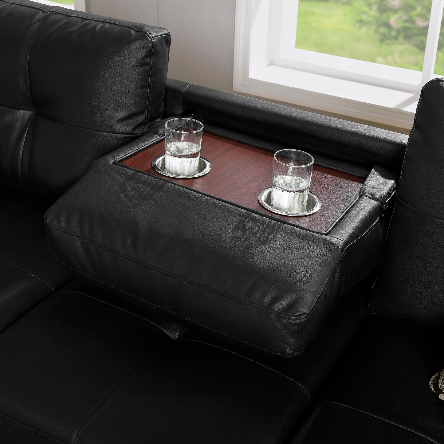 HBRR 3-Piece Sectional Couch Set L Shape 98" Wide Sofa for Living 2 Cup Holders and Storage Ottoman for Home Furniture Room Decor, Black