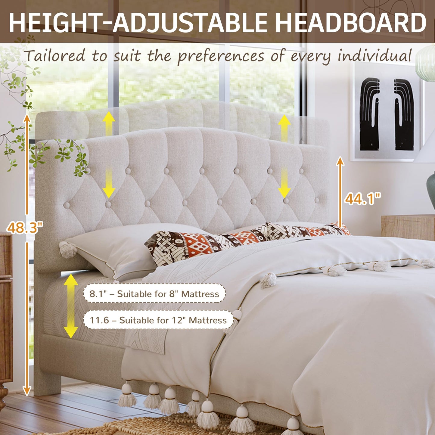 Harper & Bright Designs Full Size Upholstered Platform Bed Frame with Adjustable Headboard and Button Tufted, Wooden Slats and Metal Support, No Box Spring Needed,Beige