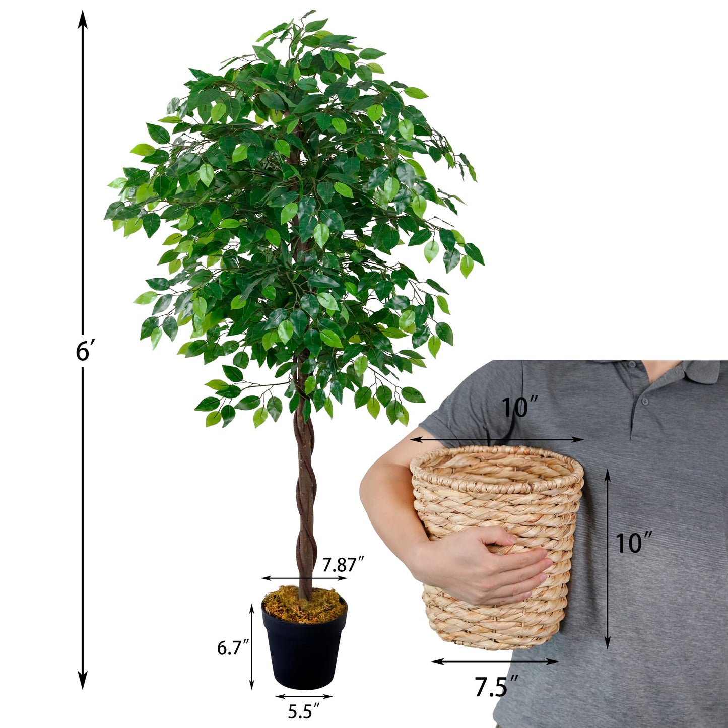 KOL 6ft Artificial Ficus Plants with 10’’ Hand-Woven Flower Basket, Realistic Fake Fiddle Leaf Fig Tree,70in Faux Silk Plant, Lyrata Plant Greenery,1826 Leaves,Indoor Outdoor Office Decor