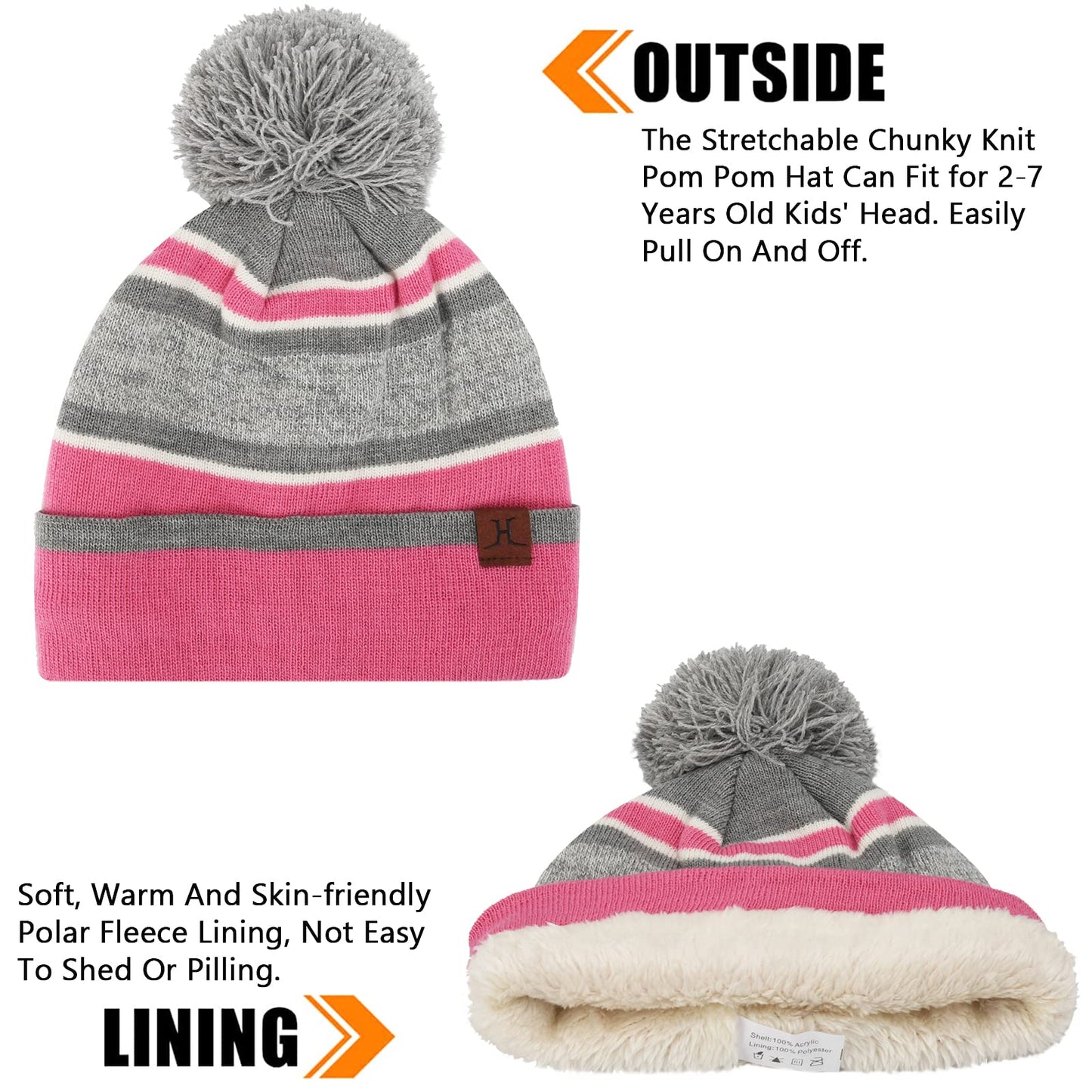 Kids Toddlers Winter Knit Warm Beanie Hat Scarf Gloves Set for Boys Girls Age 2-7, Pompom Cap Neck Warmer Gloves Fleece Lined