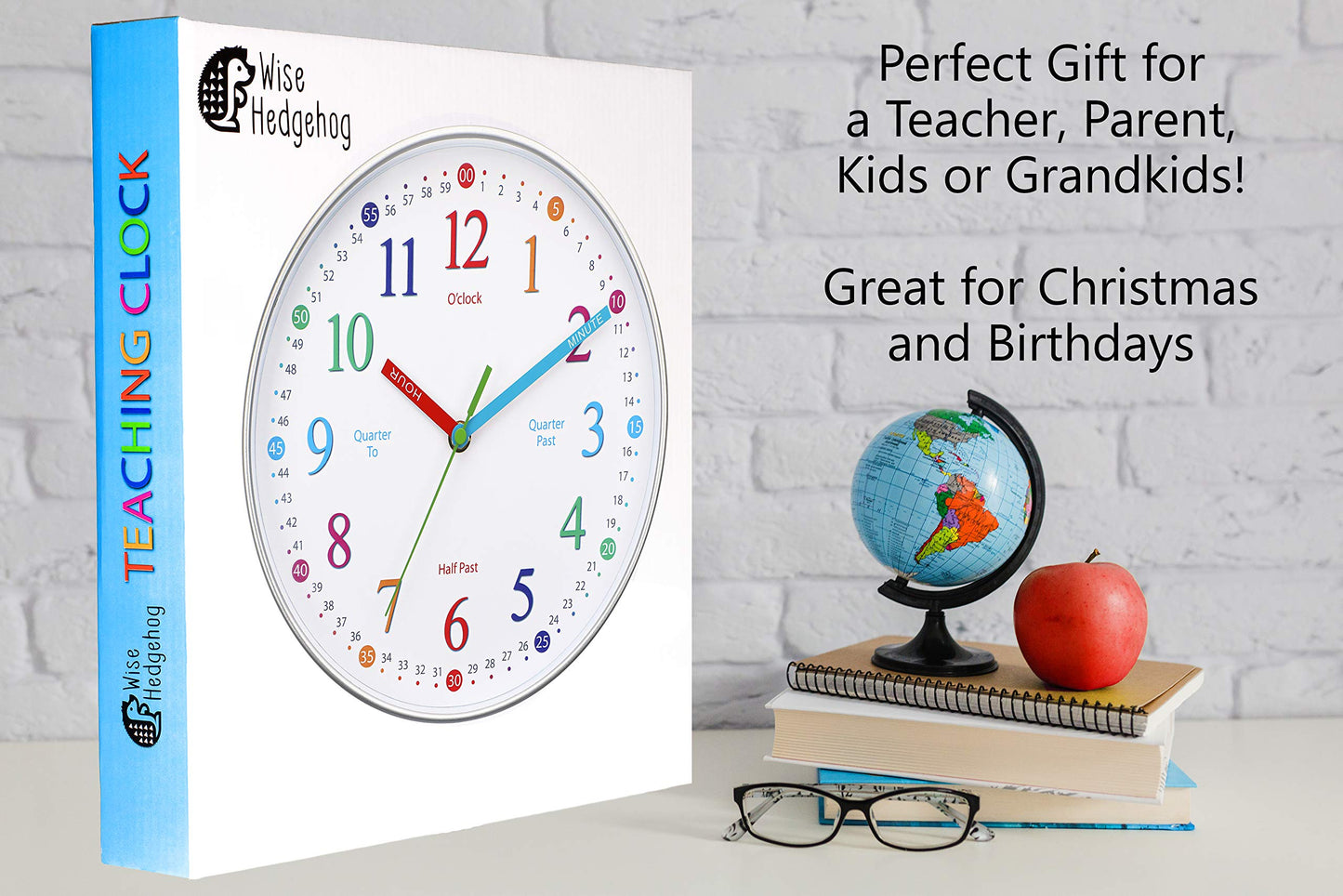WISE HEDGEHOG Telling Time Teaching Clock, 10 inch Silent Non Ticking, Battery Operated, Analog Learning Clock for Kids, Perfect Wall & Kids Room Decor & School Classrooms