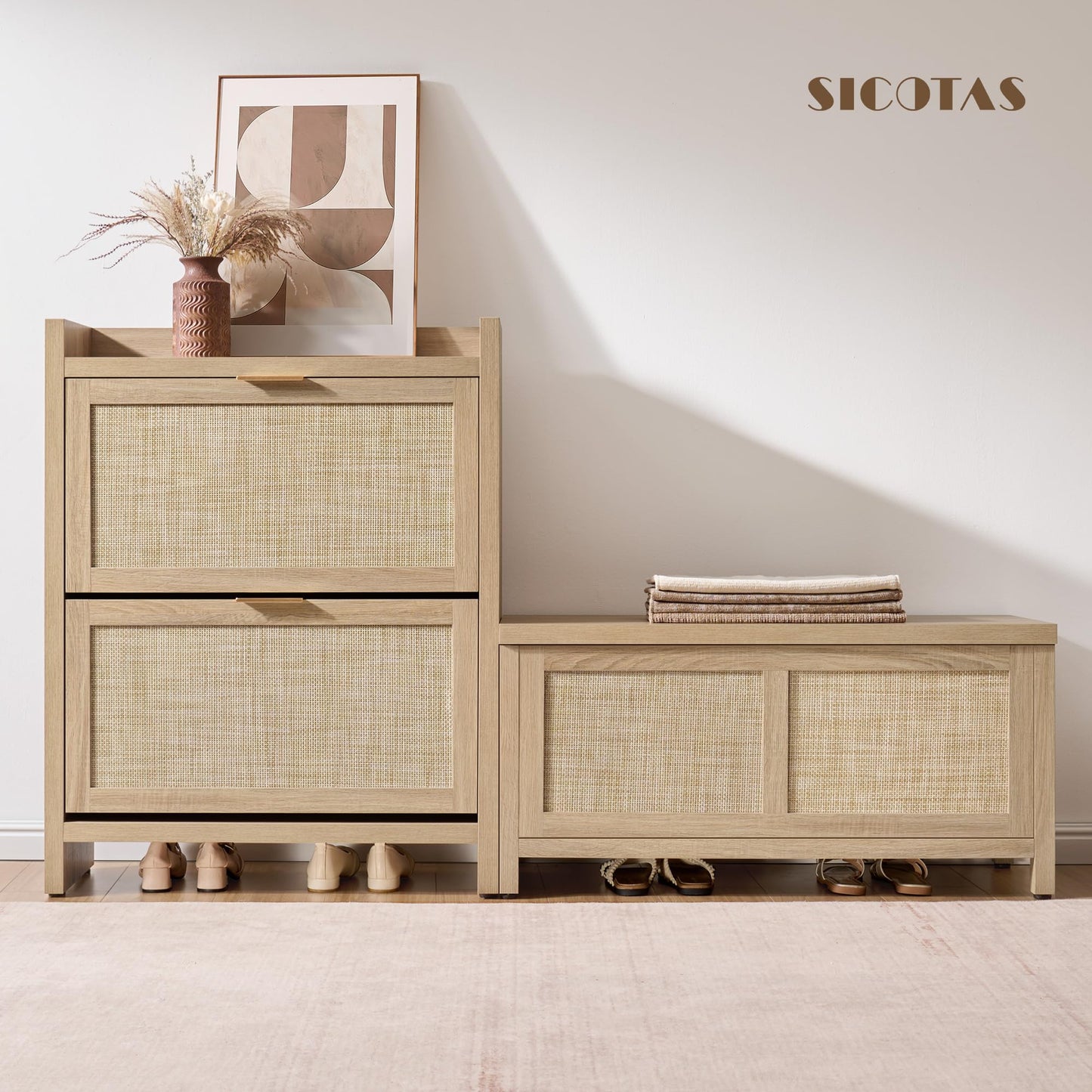 SICOTAS Rattan Storage Chest - 39.4" Storage Bench for Bedroom, Boho Storage Truck with 2 Safety Hinges and Flip Top for Living Room Entryway, Supports 220 lb, Light Oak