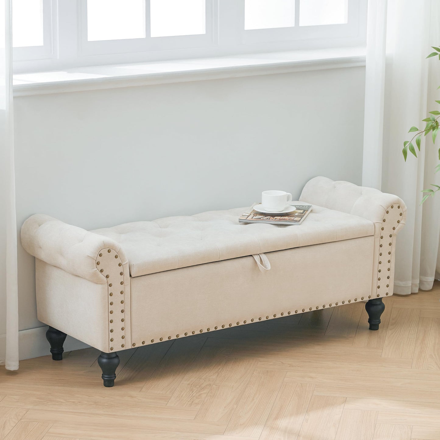 Dowiean 51" Storage Ottoman Bench, End of Bed Bench for Bedroom, Storage Ottomans for Foot of Bed, Chenille Upholstered Benches, Window Benches for Living Room, Entryway, Beige