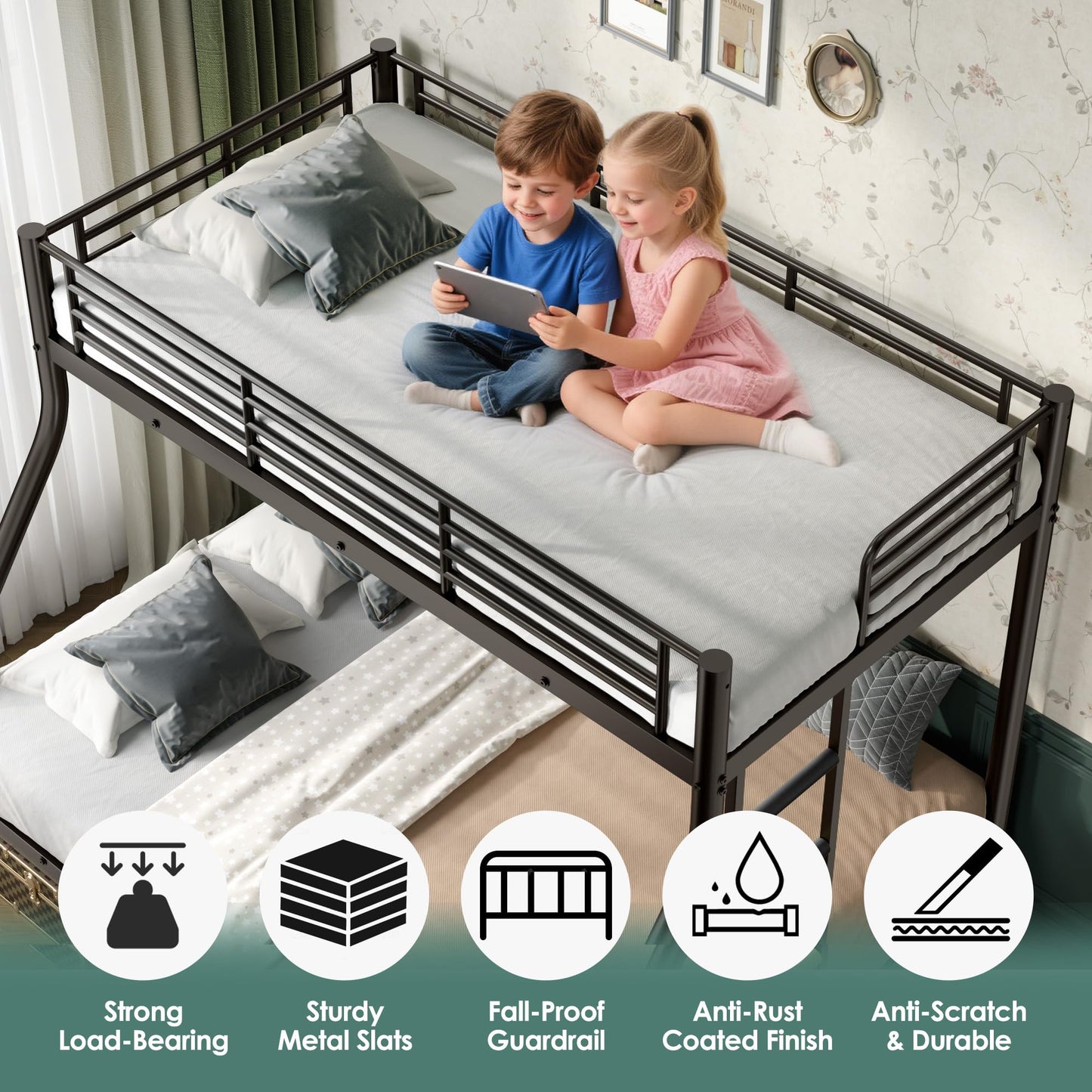 Cyranture Twin XL Over Queen Bunk Bed Size, Heavy Duty Bunk Beds with Bottom Space & Guardrail Metal Bunk Bed Frame for Adults Dorm Bedroom Guest Room, No Box Spring Needed（Black）