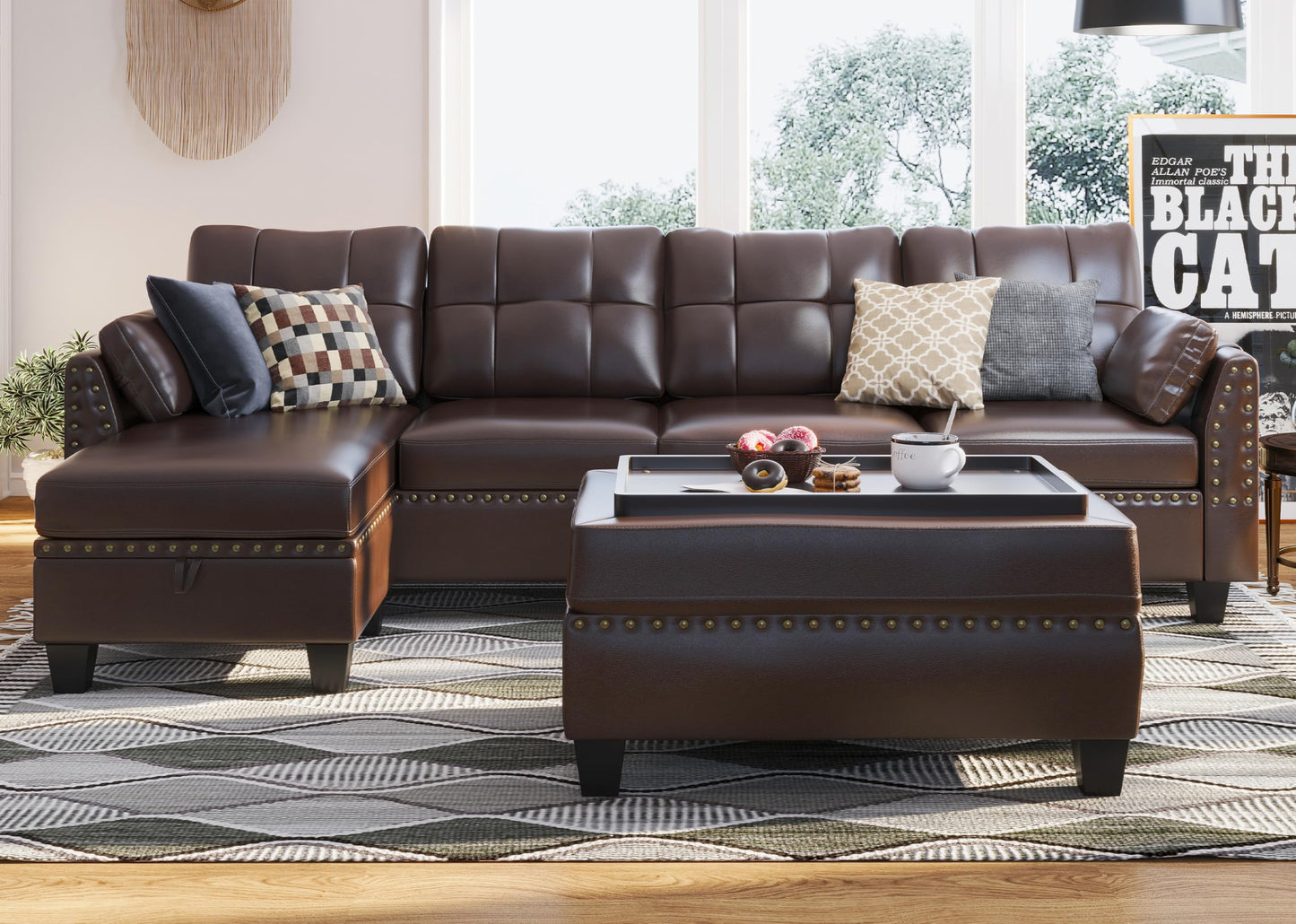 HONBAY Brown Leather Sectional Sofa with Ottoman - Easy Assembly, Storage Space