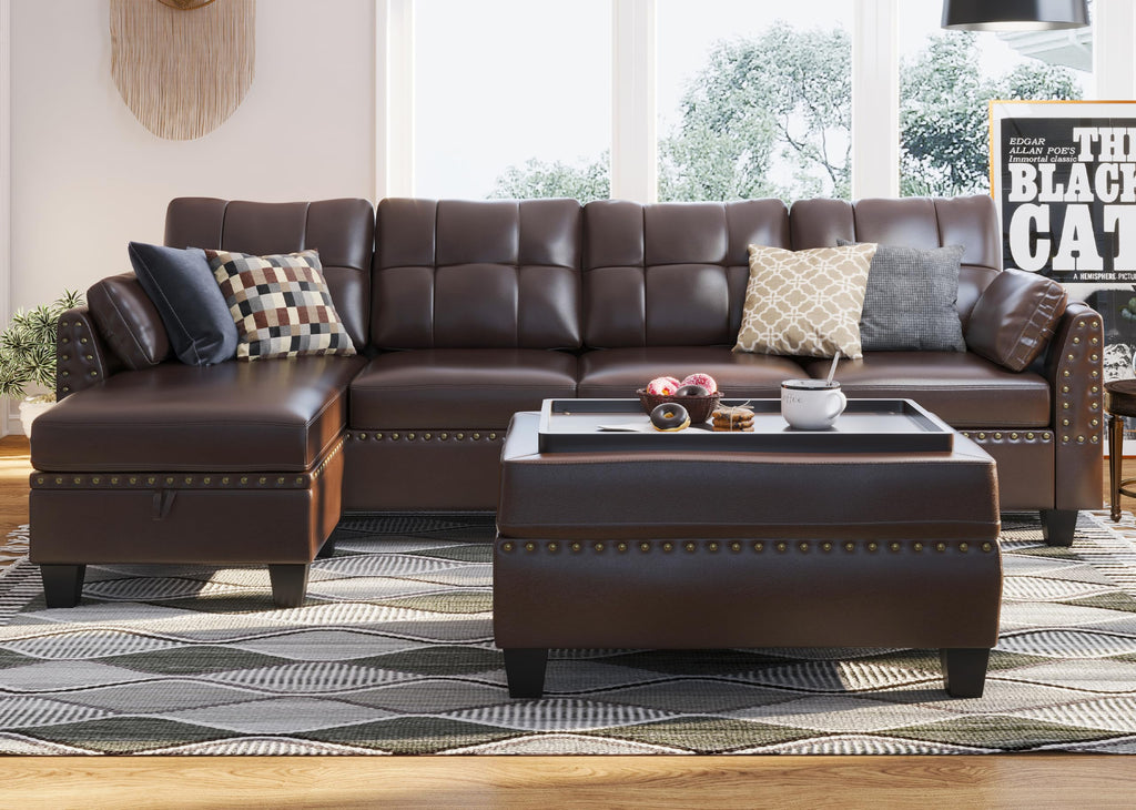 HONBAY Brown Leather Sectional Sofa with Ottoman - Easy Assembly, Storage Space