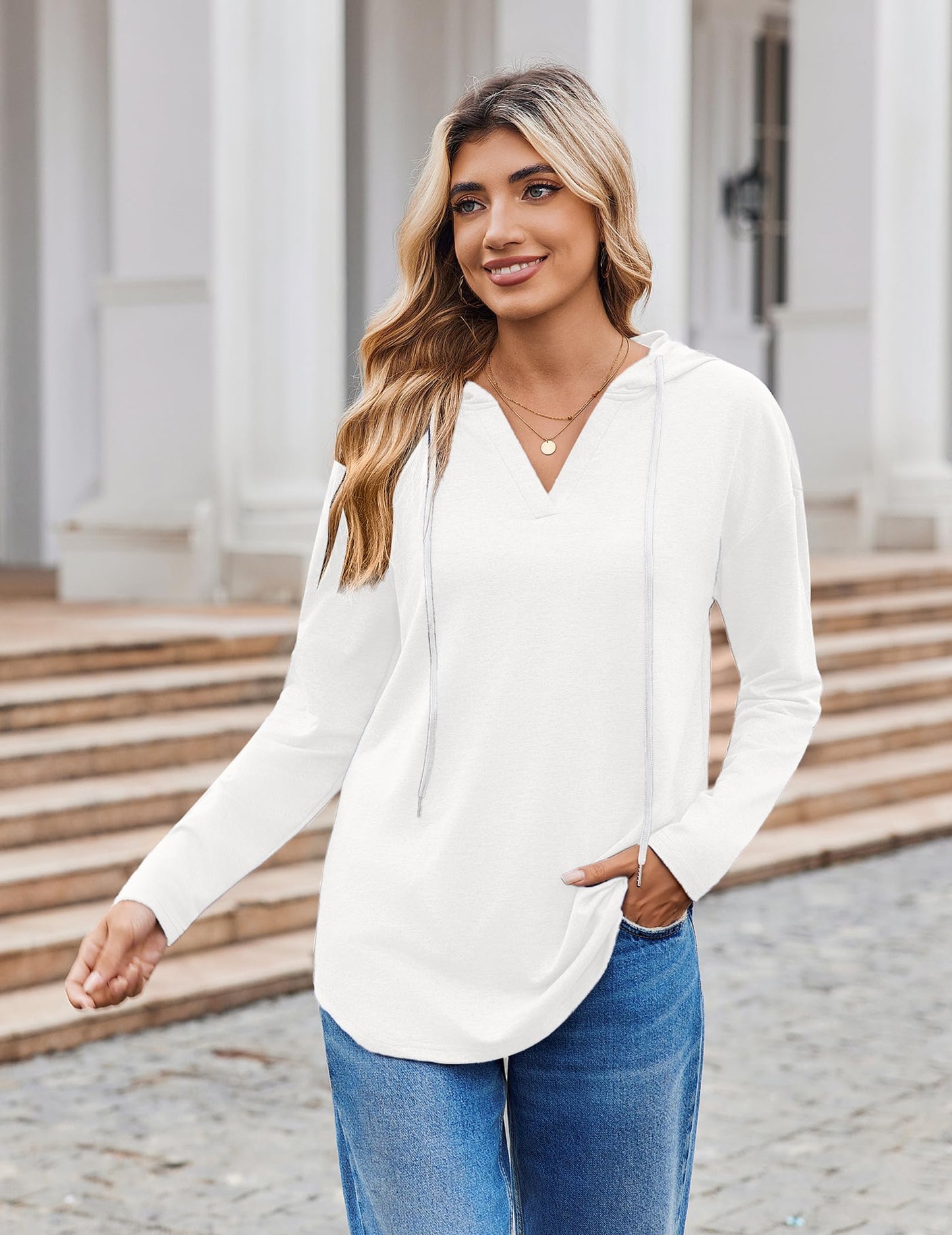 Zeagoo Womens Hoodies Pullover Soft Casual Long Sleeve Shirts Sweatshirts Lightweight White L