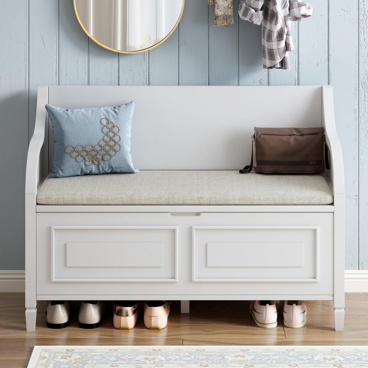 Aisurun 42" Rustic Storage Bench Entryway Bench Shoe Cabinet Ottoman with Safety Hinge, Removable Seat Cushion & Hidden Storage Space for Hallway Entryway Living Room Mudroom End of Bed (White)