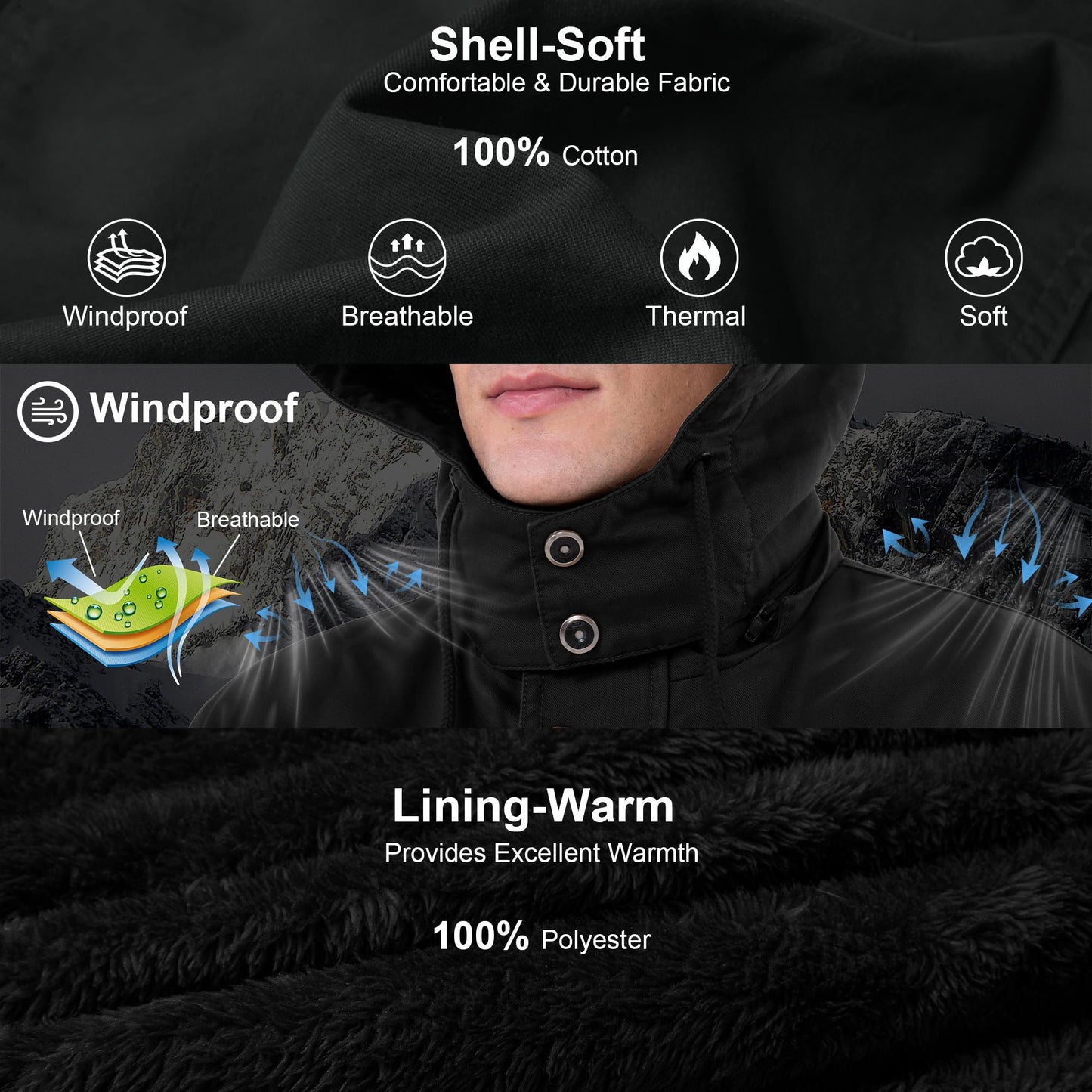 CHEXPEL Men's Thick Winter Jackets with Hood Fleece Lining Cotton Military Jackets Work Coats with Cargo Pockets Black S