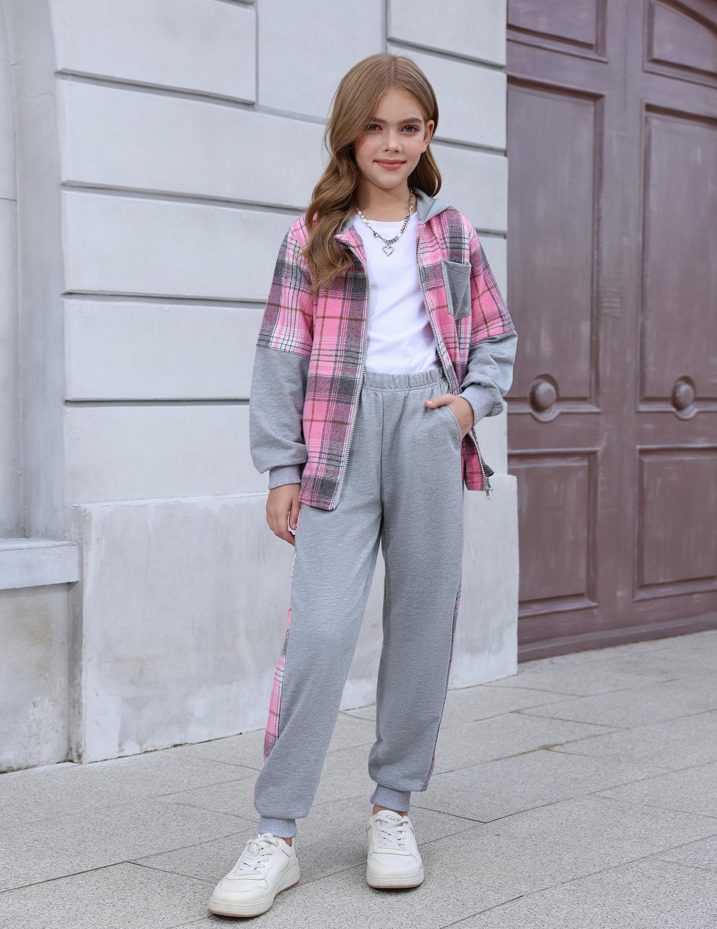 EDFTM Girls Sweatsuit Set Zip Up Cute Plaid Flannel Hoodie and Jogger Pants for Kids Fall Winter Spring Outfits Gray 5-6 Years