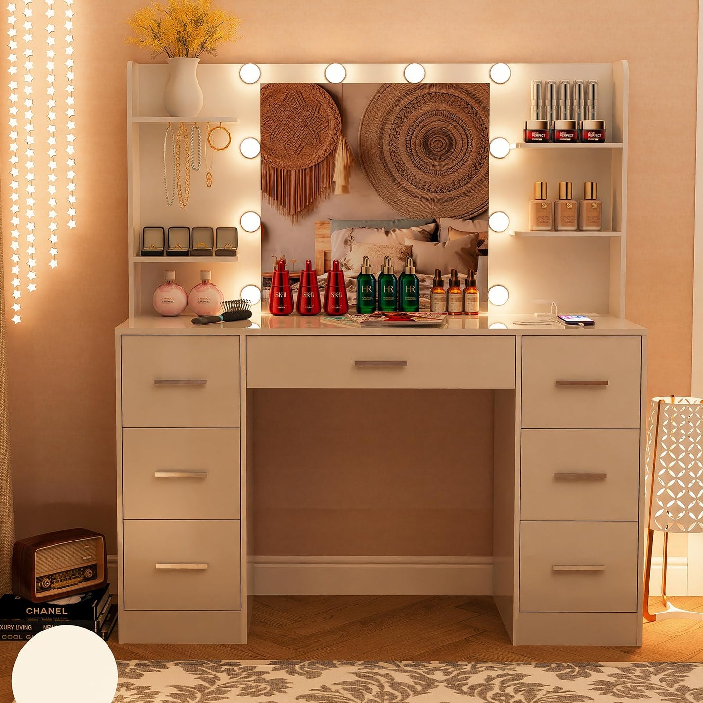Quimoo Large Vanity Desk with LED Lighted Mirror & Power Outlet,Makeup Vanity Table with 7 Drawers,4 Shelves and 5 Hooks,Vanity Table, Vanity Desk Set for Bedroom,Bathroom,White