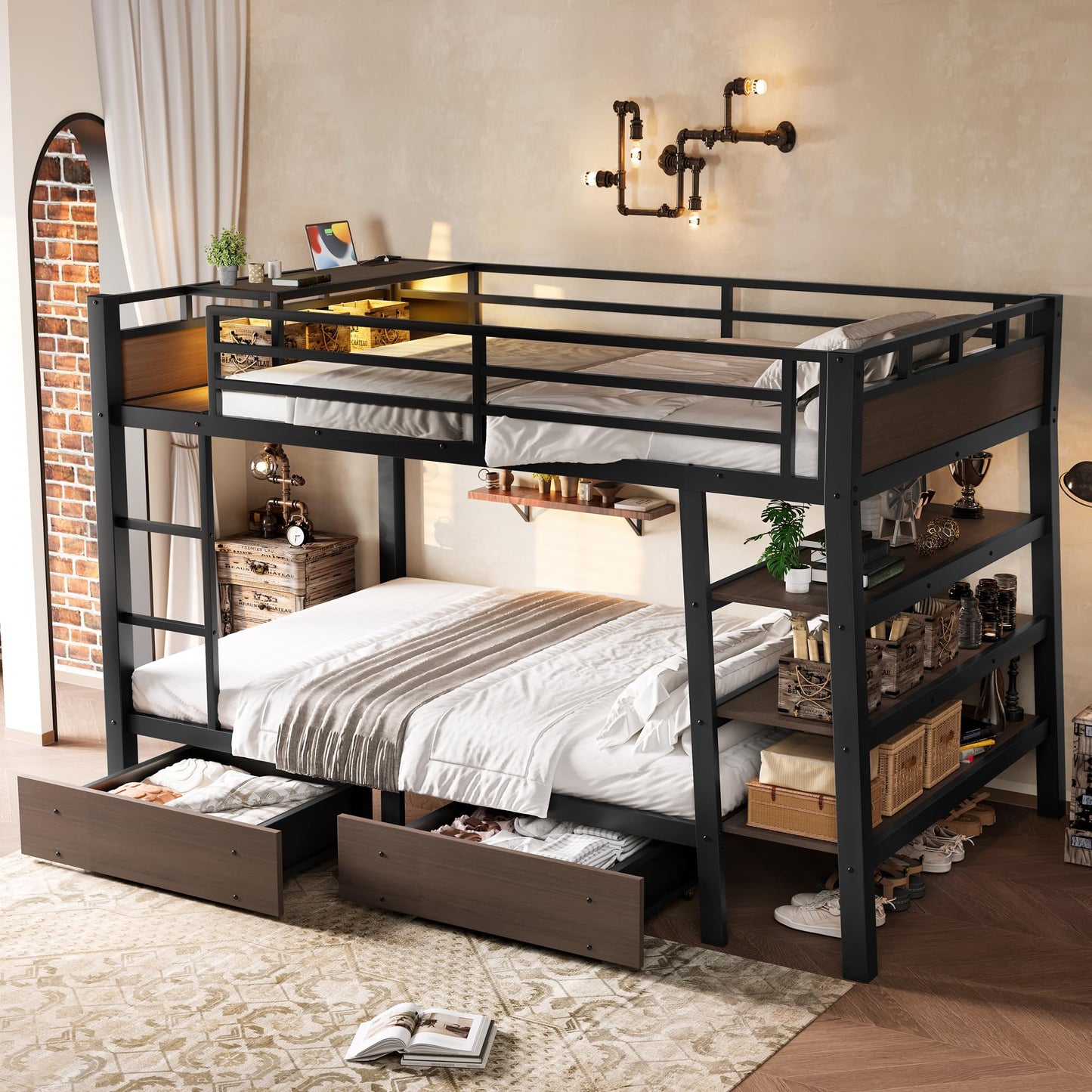 Bellemave Full Size Bunk Bed with Storage Drawers and 3-Tier Shelves, Full Bunk Bed with Charging Station and Lights, Heavy Duty Metal Bunk Beds for Teen, Adults