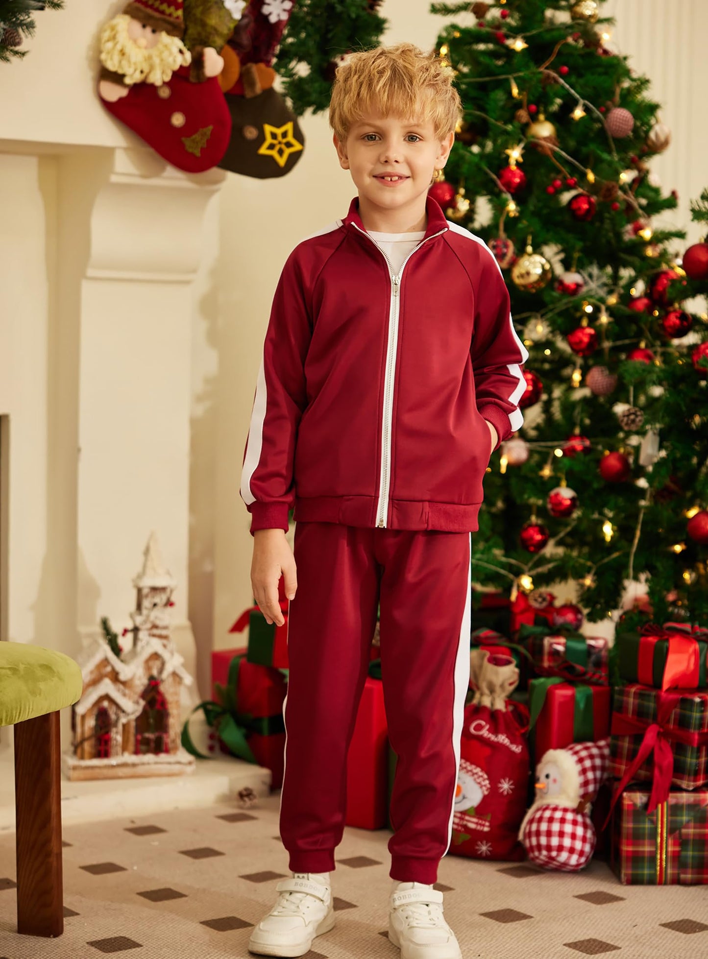 Arshiner Boy's 2 Pieces Full Zip Tracksuits Burgundy Sport Suits Casual Outfits Jacket & Pants Tracksuit Set