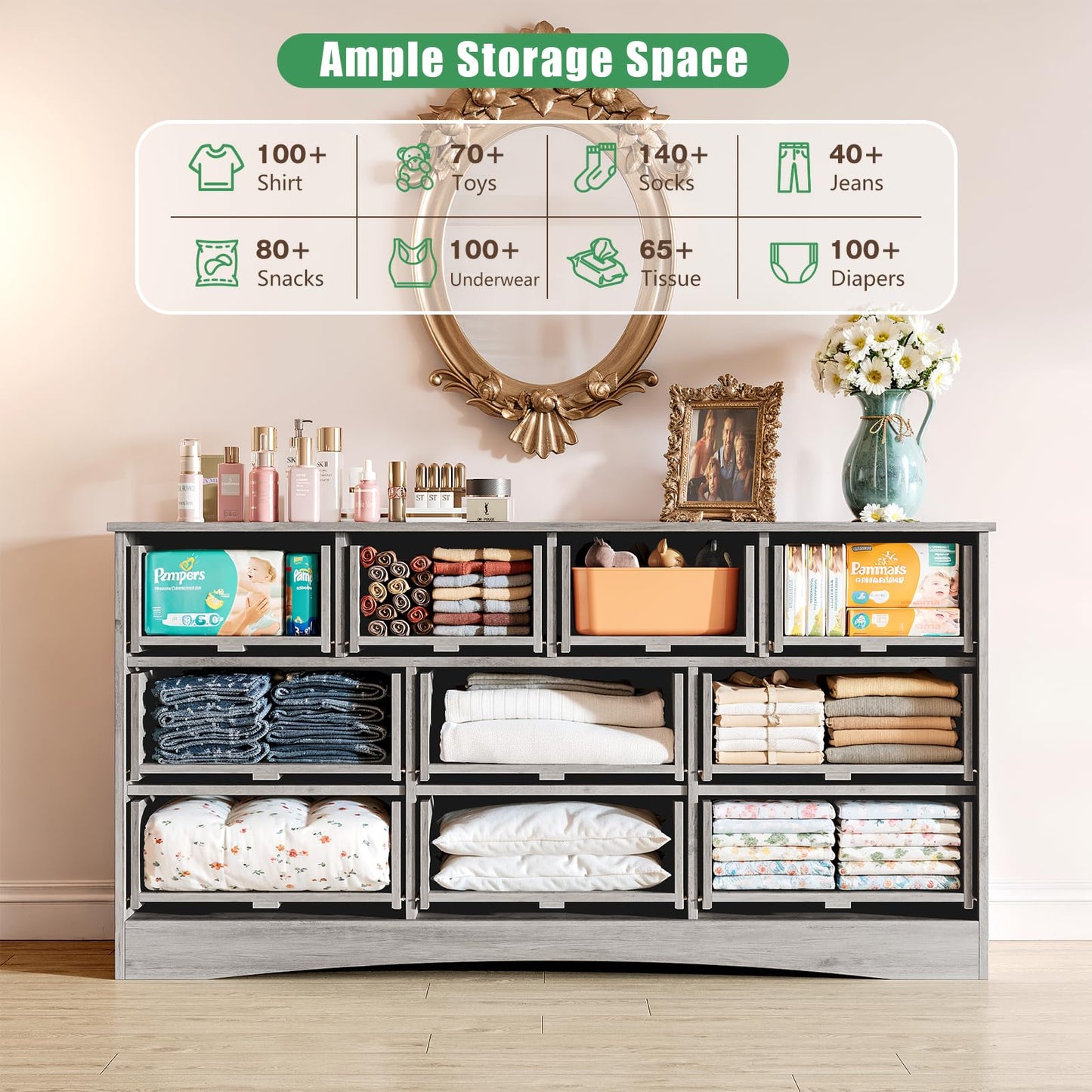 LGHM Dressers for Bedroom with 10 Drawers,Modern Long 10 Drawer Dresser with Textured Borders, Chest of Drawers Closet Organizers and Storage Clothes - 6" Deep Drawer for Bedroom, Living Room, Gray