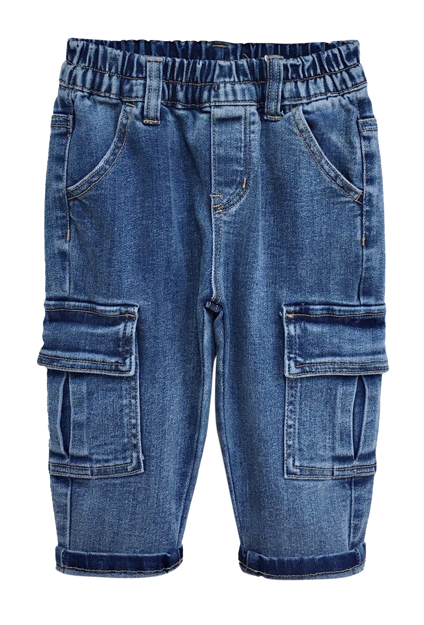 KIDSCOOL SPACE Baby Jeans,Little Toddler Kids Elastic Waist with D-Ring Stretch Cargo Denim Pants,Mid Blue,9-12 Months