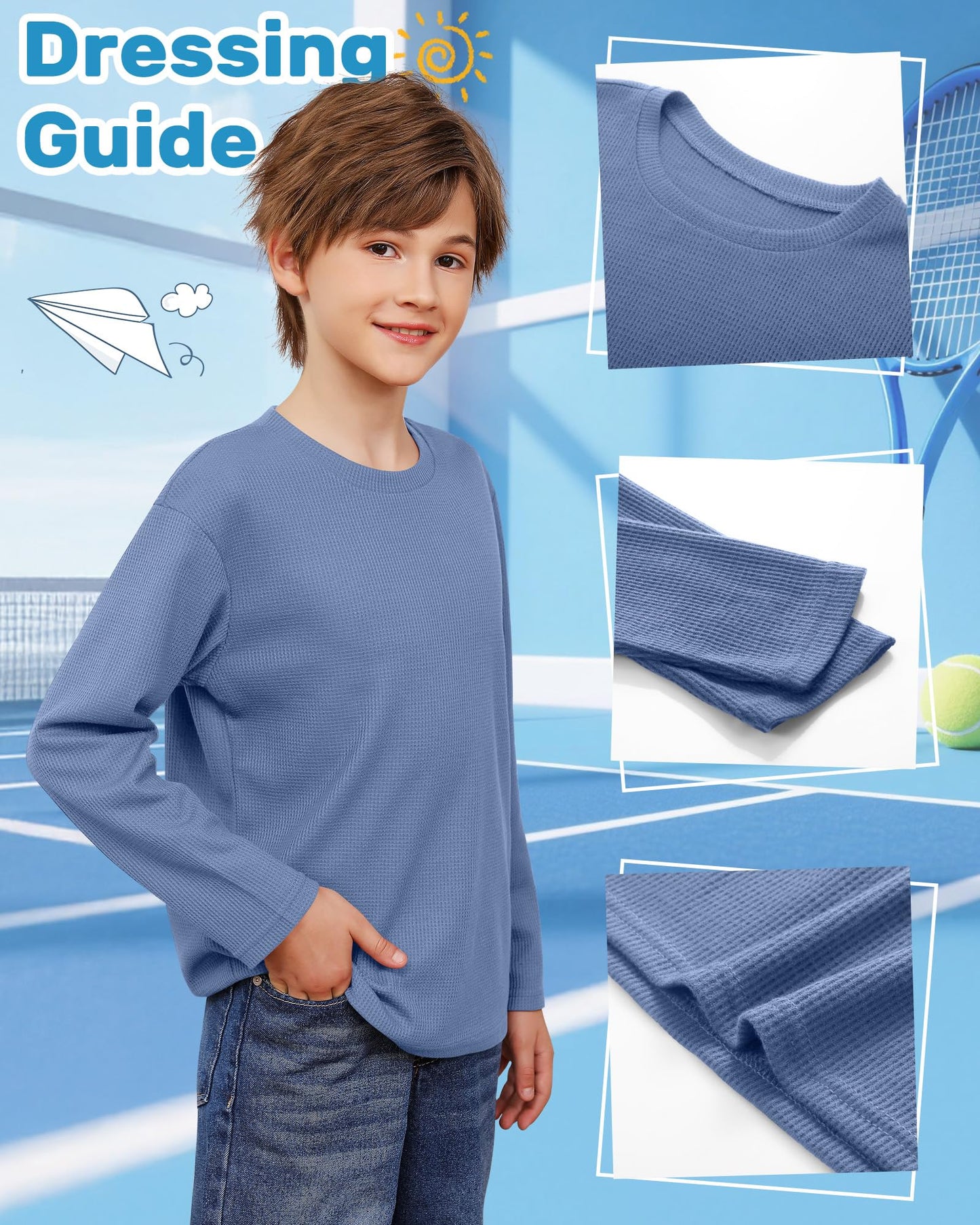 LessonZoo 5 Pack Boy's Long Sleeve Shirts, Waffle Knit Crew Neck Tops T-Shirts Basic Layer Undershirts 5-14 Years Kids(Black, Haze Blue, Navy Blue, White, Gray,11-12 Years)