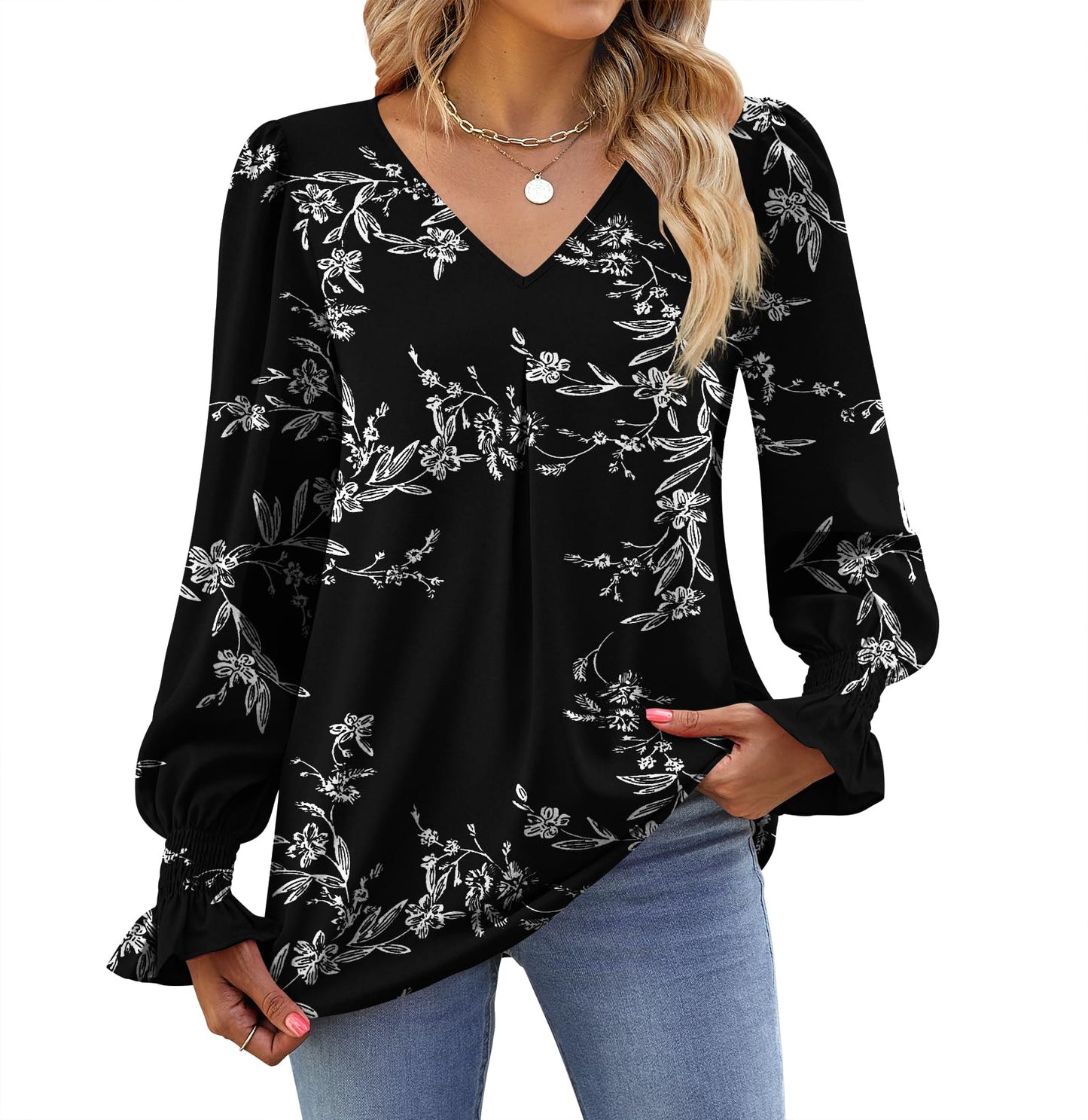 Funlingo Womens Tops Long Sleeve V Neck Shirts Chiffon Business Tunic Blouse Work Casual Clothes Black White Floral Large