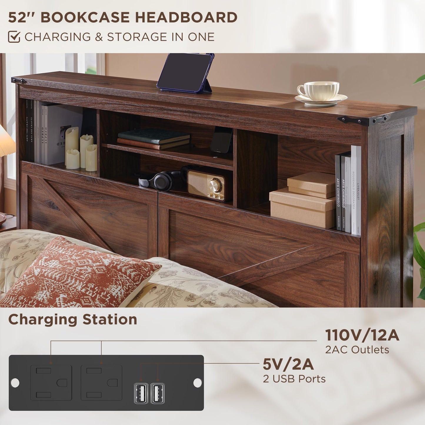 ACCOHOHO Farmhouse Queen Size Bed Frame with 52" Tall Storage Headboard and LED Light,Wood Platform Bed Frame with 4 Drawers and Charging Station,Solid Wood Slats Support,No Box Spring Needed,Brown