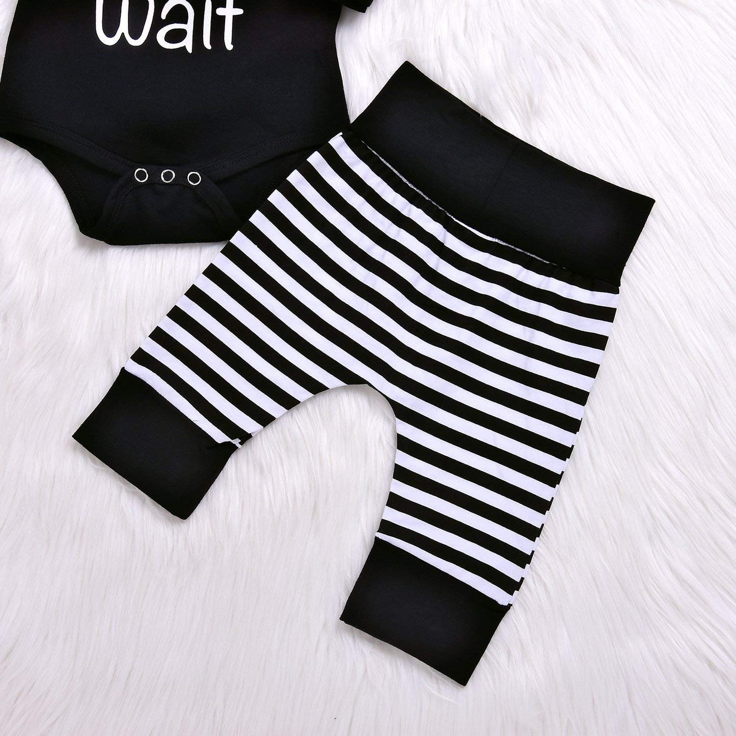 Baby Unisex Worth The Wait Arrow Printed Romper Striped Pant Hat Outfit Clothes (Black, Newborn)