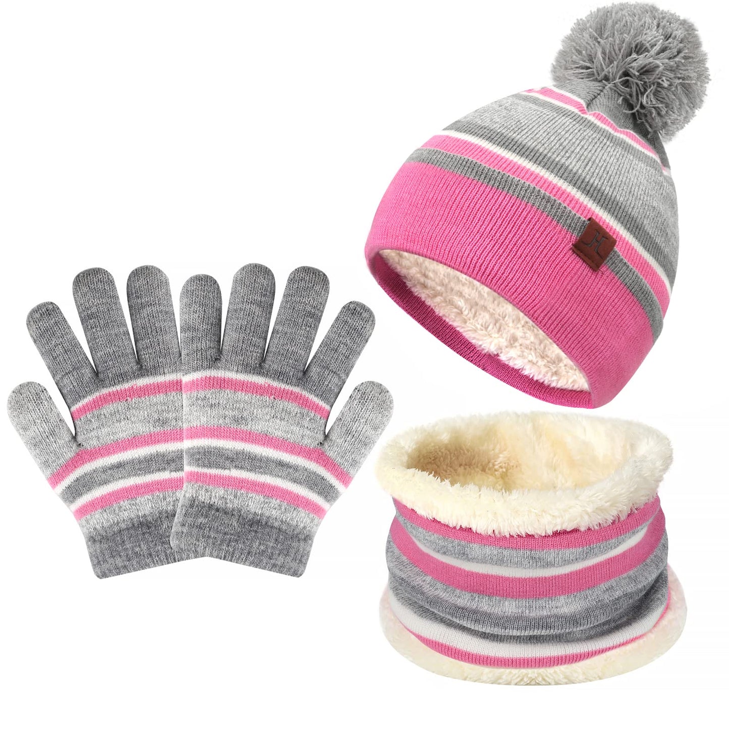 Kids Toddlers Winter Knit Warm Beanie Hat Scarf Gloves Set for Boys Girls Age 2-7, Pompom Cap Neck Warmer Gloves Fleece Lined