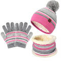 Kids Toddlers Winter Knit Warm Beanie Hat Scarf Gloves Set for Boys Girls Age 2-7, Pompom Cap Neck Warmer Gloves Fleece Lined