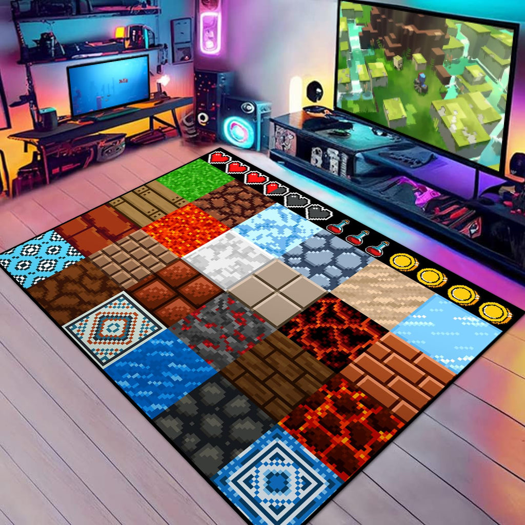Game Rug Teen Boys Carpet with Pixel Game Element Decoration, 8 Bit Old Game Rugs for Boy’s Bedroom Living Room Playroom, Non-Slip Children Gaming Area Rugs (79