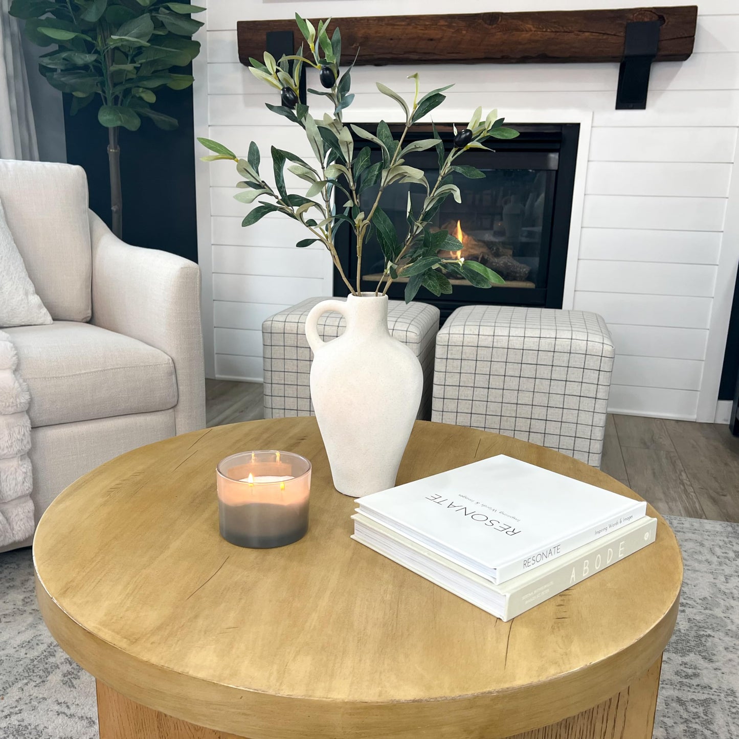 Laurel and Vine Matte Textured 10 Inch Tall White Vase Including 22 Inch Olive Branches for Vases, Medium Artificial Topiaries Fake Plants, Minimalist Shelf Decor, Neutral Home Office Desk Room Decor