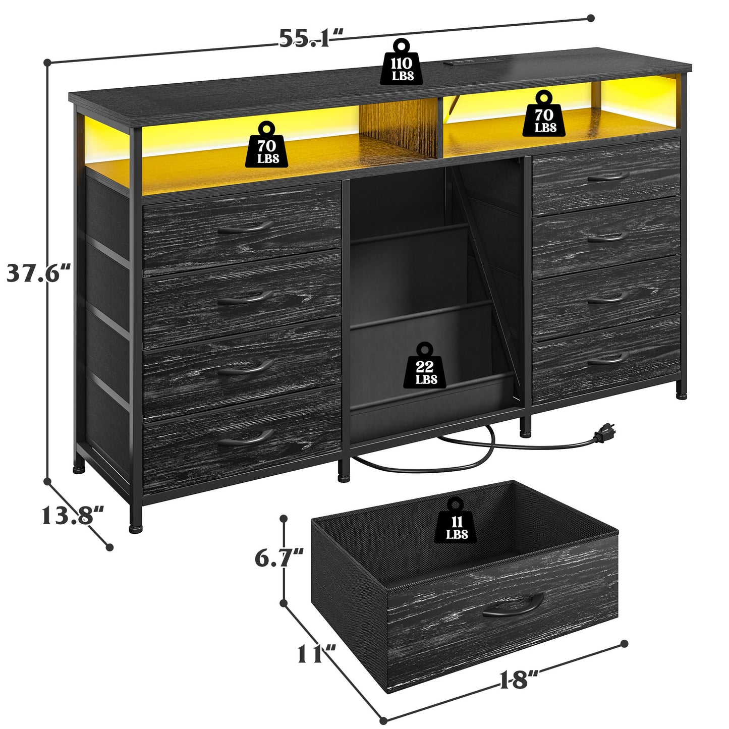 Dresser for Bedroom with Bookrack & 8 Fabric Drawers, 55 ” W Dresser TV Stand with Power Outlet & LED Lights for 65 Inch TV, Chest of Drawers for Closet, Entryway, Black