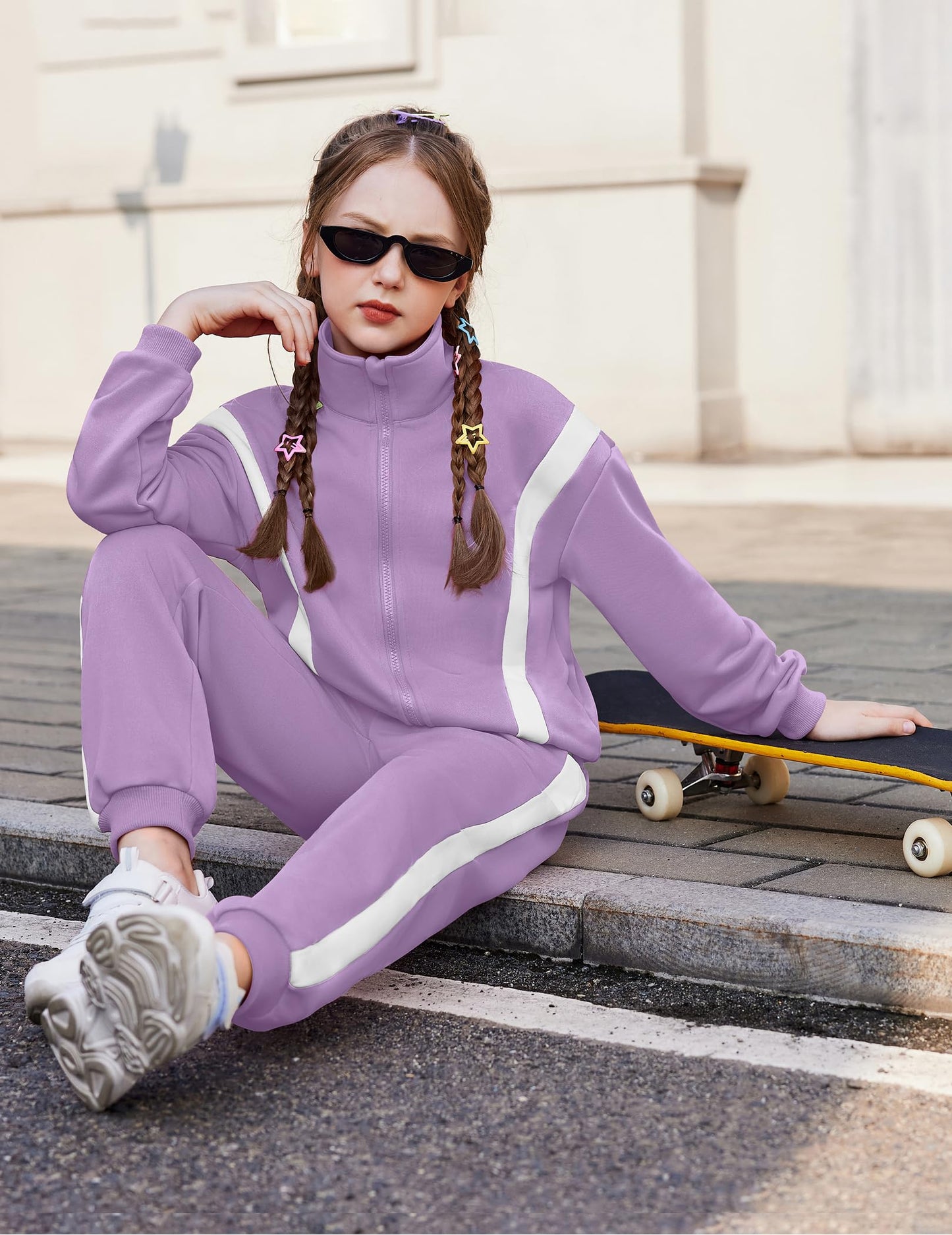 Zaclotre Girl's 2 Piece Outfits Zip Up Sweat Set Contrast Striped Jogging Pants TrackSuit Fall Clothes Purple 8-9 Years