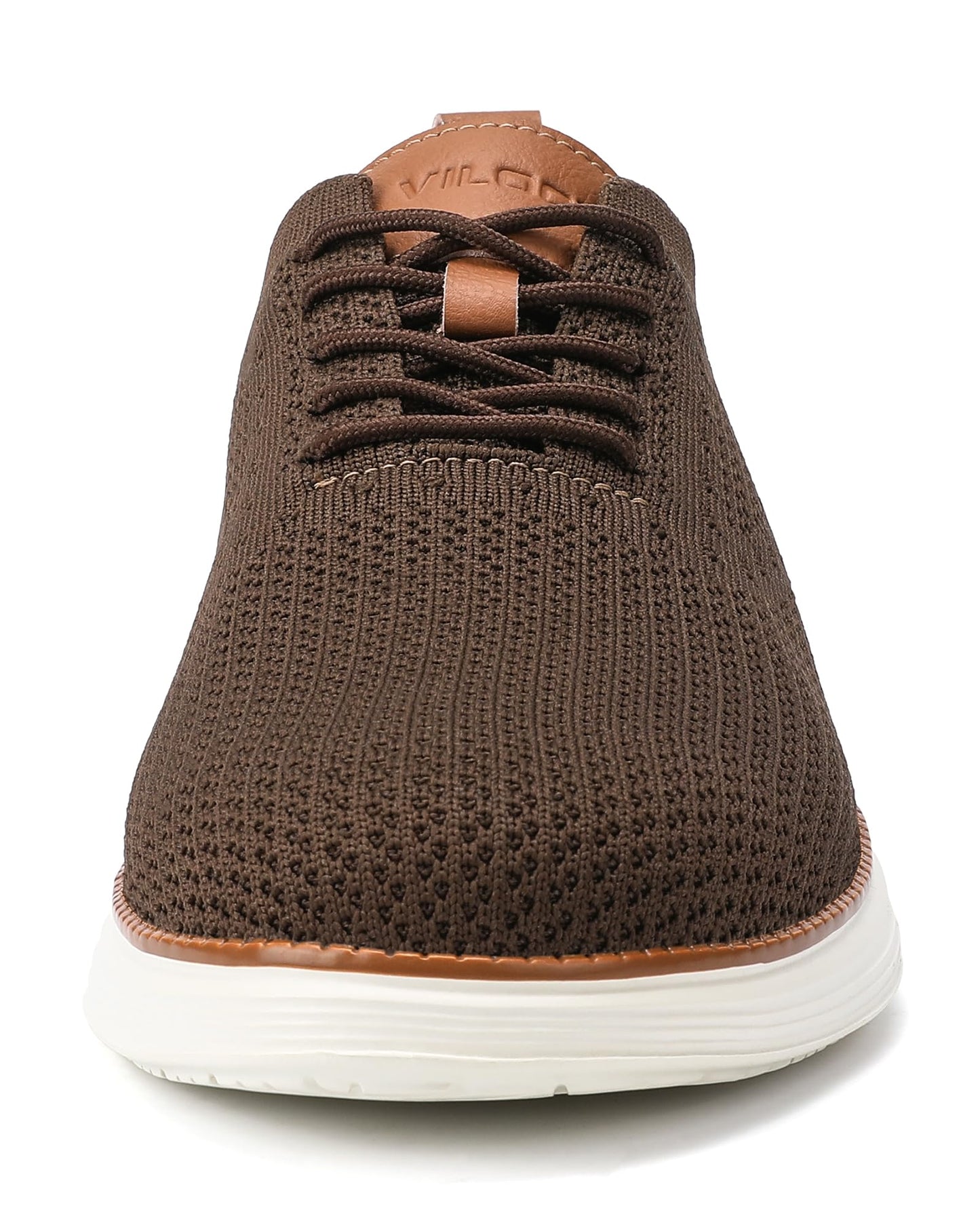VILOCY Men's Dress Sneakers Oxfords Casual Business Shoes Lace Up Lightweight Walking Knit Mesh Fashion Sneakers Brown, EU45