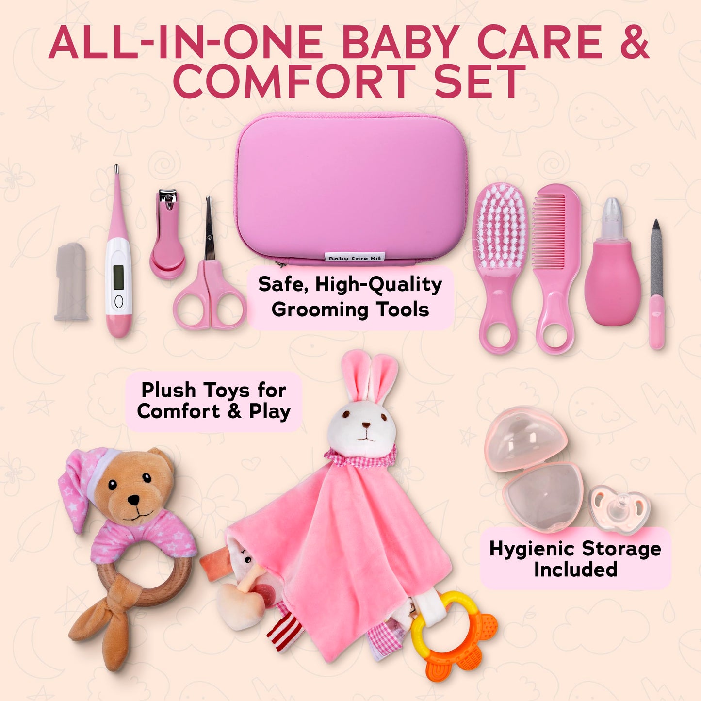 Sky Bliss 18pc Gift Set, Baby Grooming kit, Baby Clothes, Baby Rattle, Baby Blanket, Swaddle, Pacifier, Gifts for New Baby Girl, Newborn Essentials, Baby Gift Set (Grooming Kit), Gift for New mom.