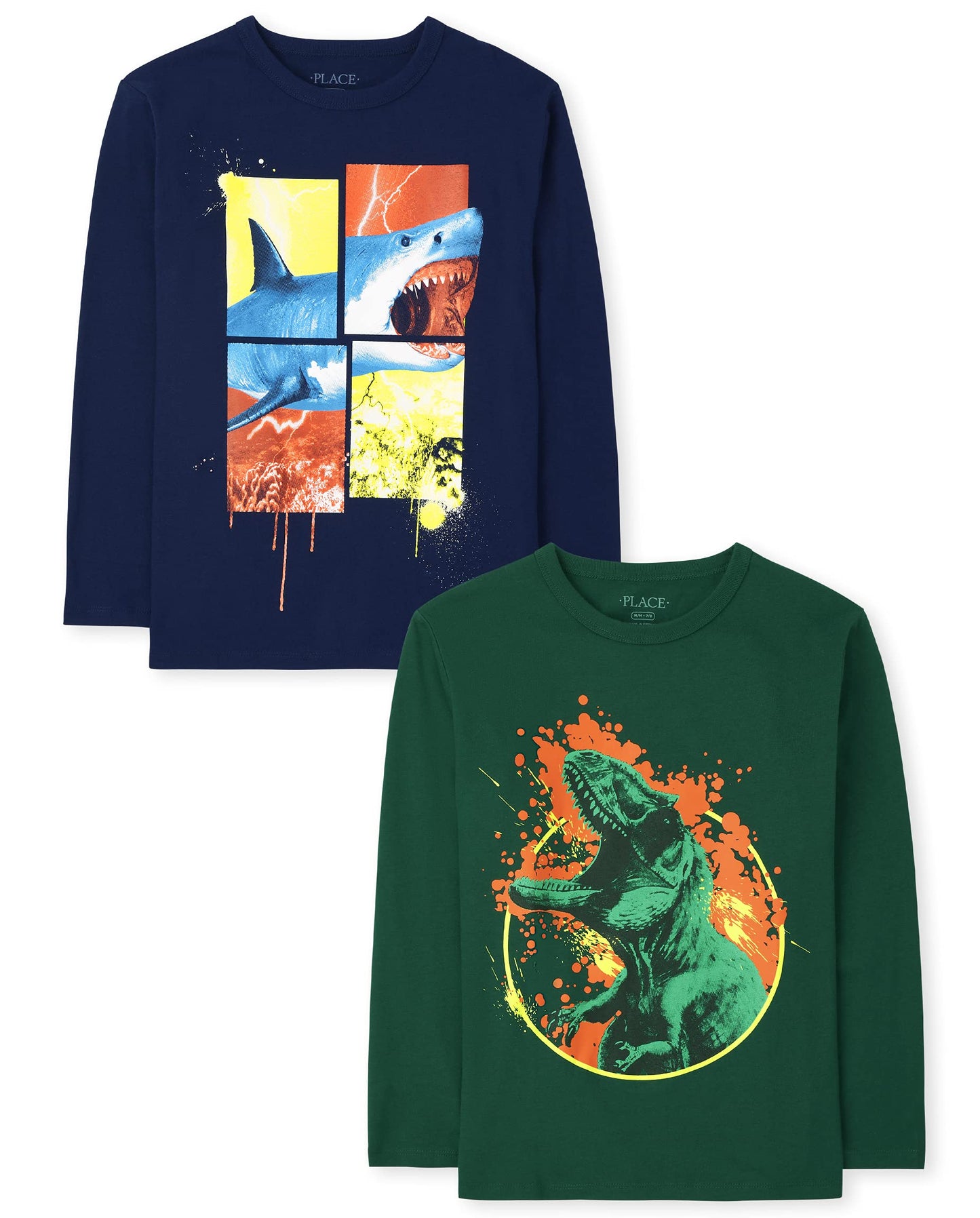 The Children's Place boys The Children's Place Long Sleeve Graphic T- 2-pack T Shirt, Dino/Shark, Large US