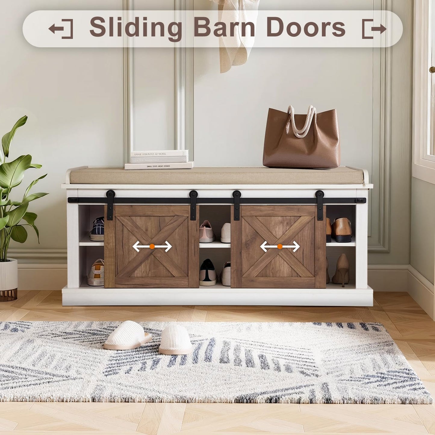 GORZING 2-Tier Shoe Storage Bench,43" Wooden Shoe Cabinet with Sliding Doors,Length Shoe Bench with Adjustable Shelves,Storage Bench for Entryway,Hallway,Bedroom
