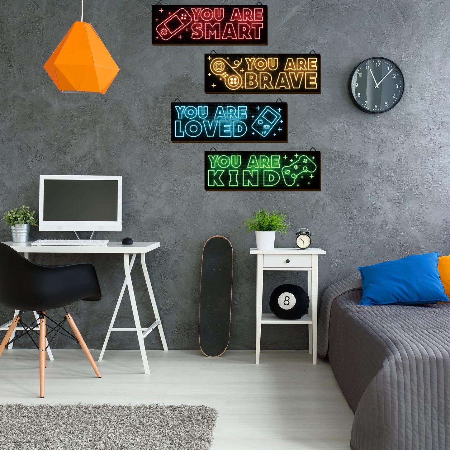 YLOLUL 4 Pieces Neon Gaming Decor for Boys Room Wooden Video Game Wall Art Print 12 X 4 Inch Motivational Quote Gamer Hanging Plaques Wall Decor for Boys Kids Room Bedroom Playroom Decorations