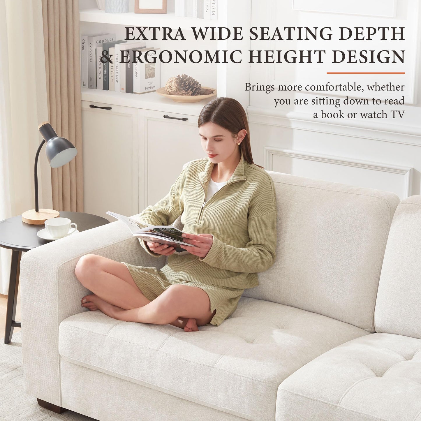 Ihanherry 89" Modern Sofas 3-Seats Couches for Living Room, Chenille Sofas with Extra Large Seat Width & Depth, USB/Type-C Charging Port & Side Pocket, Removable Medium Firm Sofa Cushion(Beige)