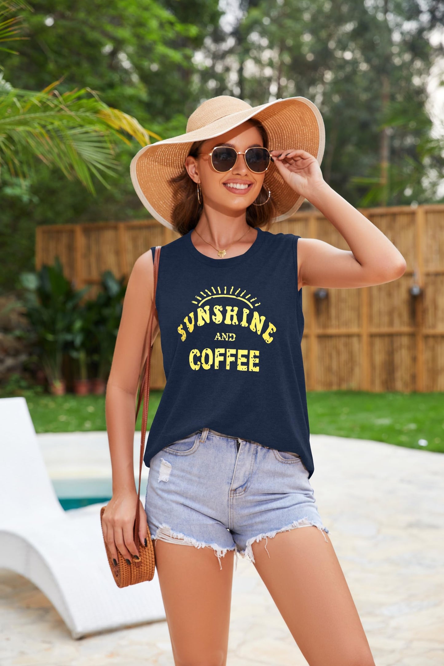 rosemia Tank Tops for Women Summer Sunshine and Coffee Graphic T-Shirts Sleeveless Casual Ladies Loose Tunic Blouse(Sunshine Deep Blue, L)