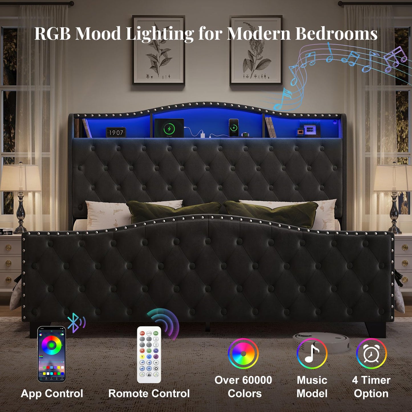 Belffin King Size Bed Frame and Headboard, 50.9" Velvet Upholstered Wingback Bedframe with LED Lights & Storage/Charging Station, Button Tufted Tall Footboard, No Box Spring Needed, Noise-Free, Black