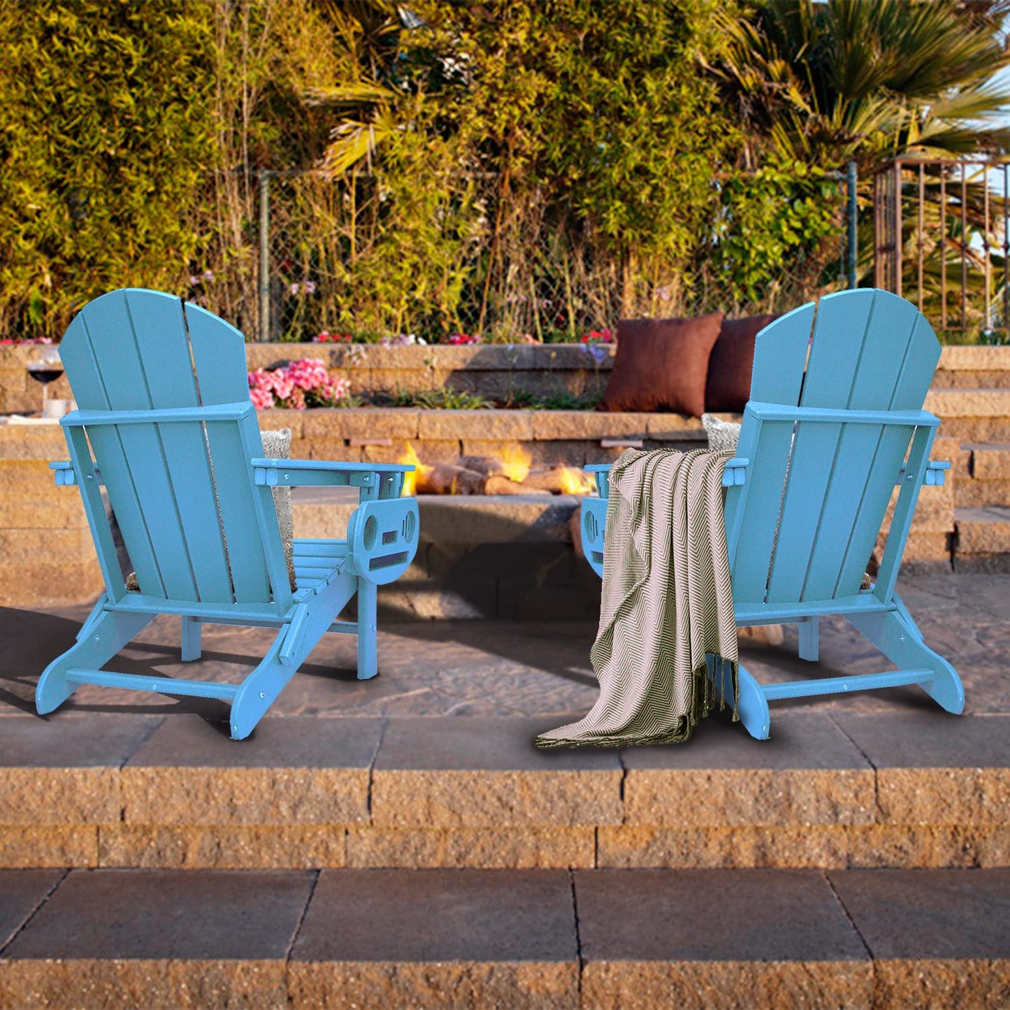 FOOWIN HDPE Folding Adirondack Chair Set of 4, All-Weather Resistant Adirondack Chair w/4 in 1 Cup Holder Trays, Adirondack Chairs for Outdoor, Patio, Lawn, Garden, Backyard Deck