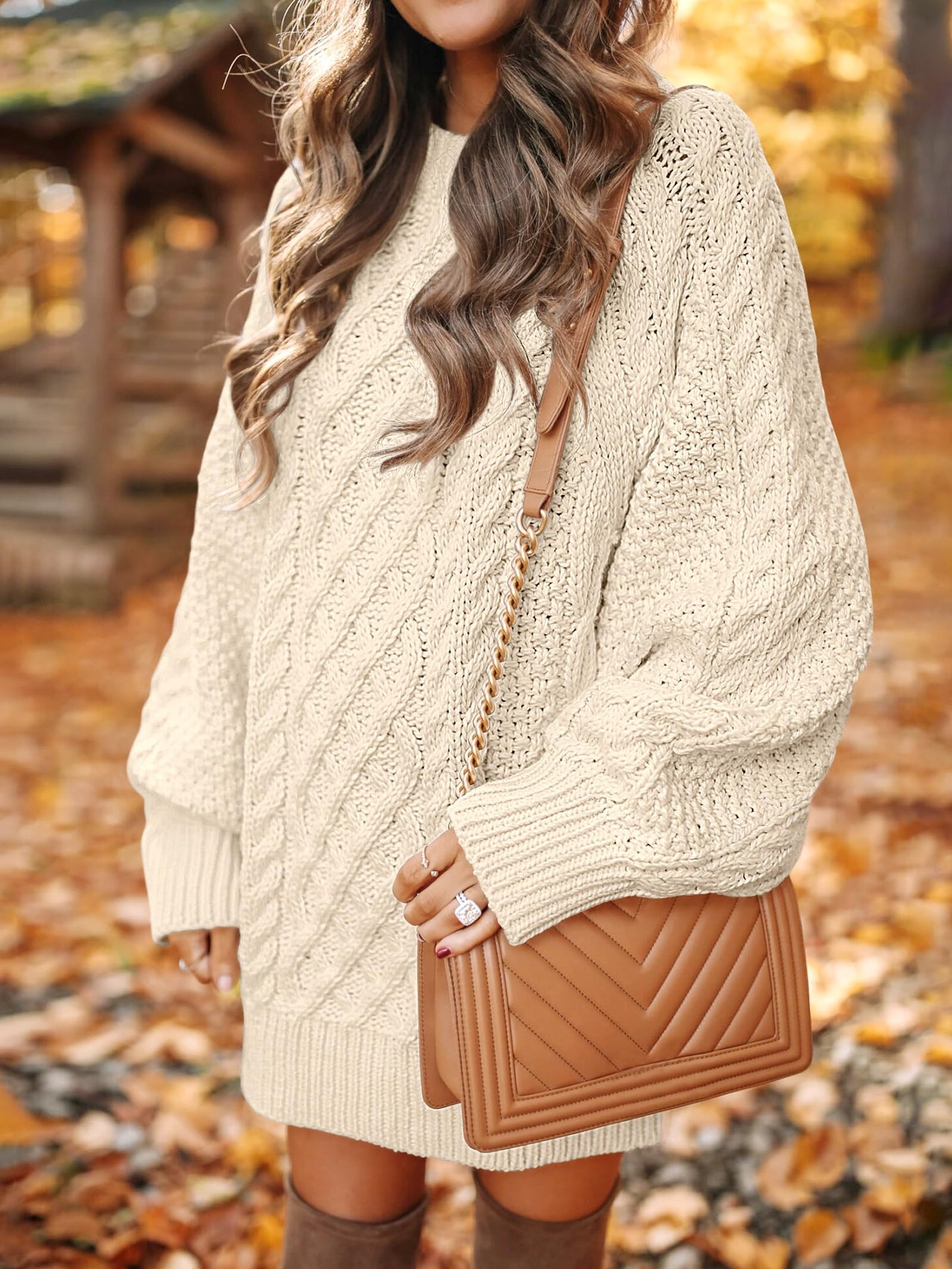 ANRABESS Womens Sweater Dress Oversized Cable Knit Chunky Long Sleeve Short Dresses 2025 Fall Outfits Vacation Winter Clothes Beige Large